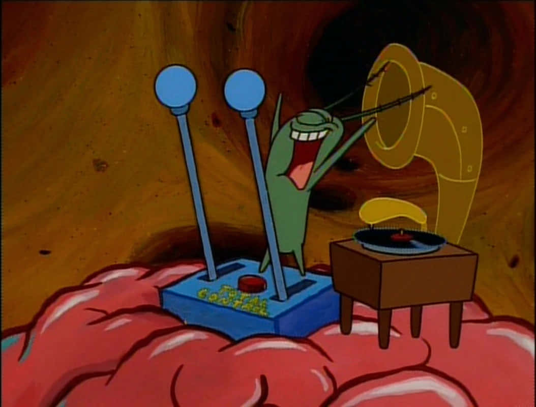 plankton 桌布 壁紙 — 一個綠色卡通角色在紅色大腦狀表面上愉快地播放留聲機，帶有藍色柱子和黃色喇叭。