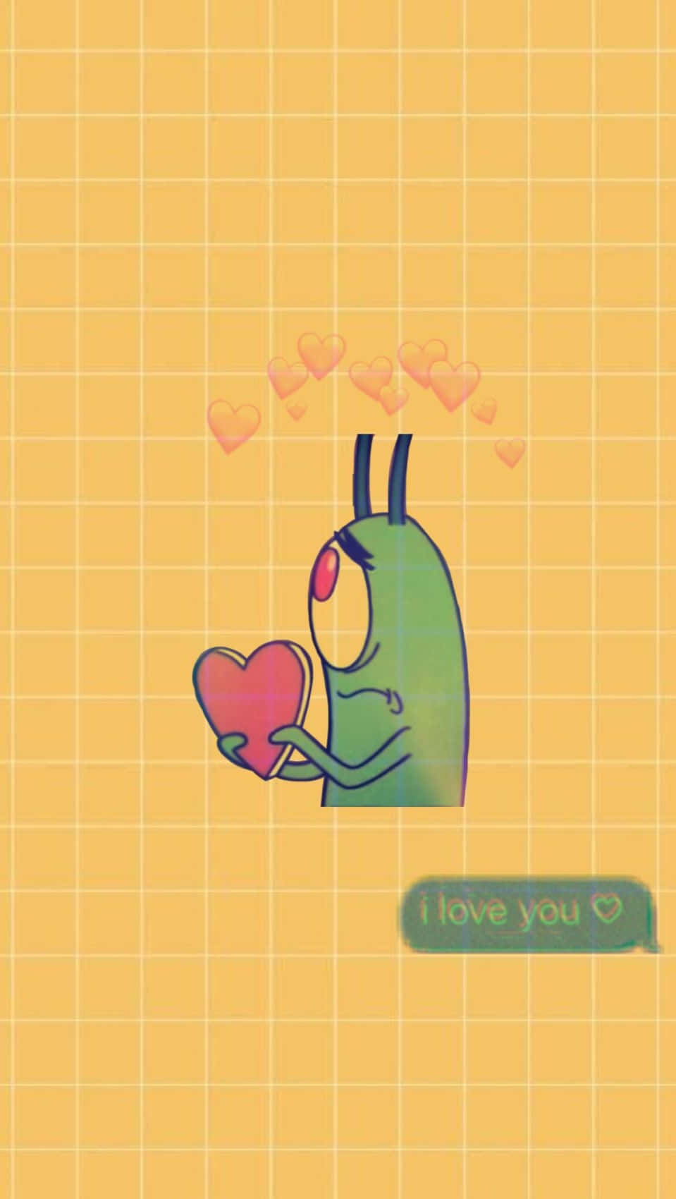 plankton 桌布 壁紙 — 一個綠色卡通角色在黃色網格背景上，手持粉紅色心形，頭頂有漂浮的心形。
