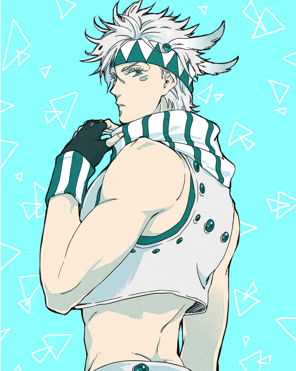 Caesar Anthonio Zeppeli 桌布 壁紙 — 一個綠色和白色裝備的刺蝟頭動漫角色，站在帶有白色幾何圖案的藍綠色背景前。