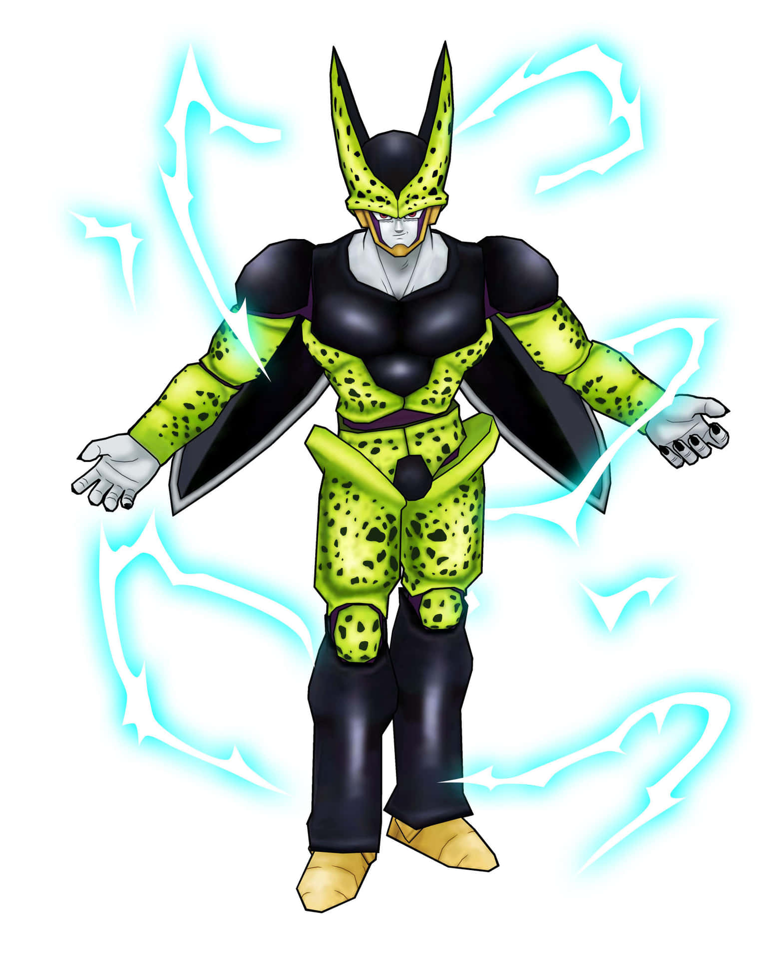 Perfect Cell 桌布 壁紙 — 一個綠色和黑色、頭髮尖刺的動漫角色以動態姿勢散發出藍色閃電能量。