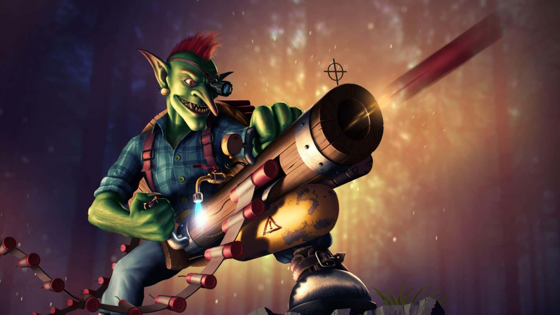 Hearthstone 桌布 壁紙 — 一個綠色哥布林梳著莫霍克頭，在火花四濺和熾熱餘燼中揮舞著一個大型火箭發射器。