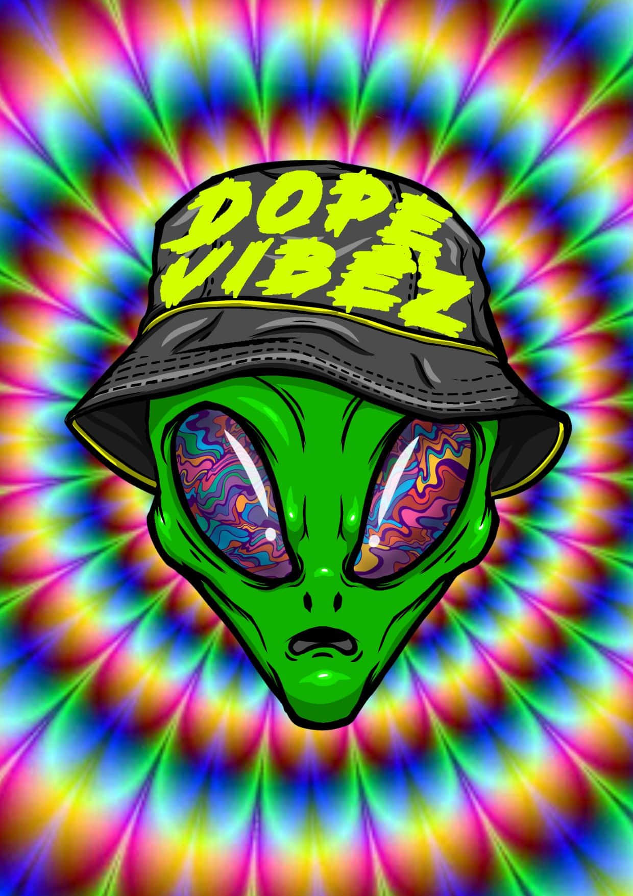 Cartoon Alien 桌布 壁紙 — 一個綠色外星人戴著黑色漁夫帽，帽上有霓虹黃色文字 'DOPE VIBEZ'，背景是迷幻彩虹紮染圖案。