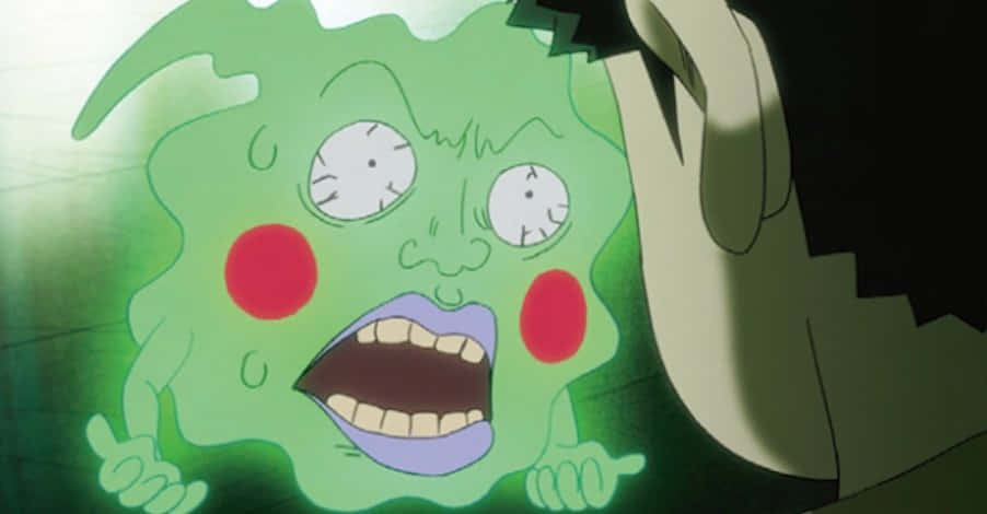 Mob Psycho 100 Ekubo 桌布 壁紙 — 一個綠色幽靈般的動漫角色，臉頰通紅，在陰影之手籠罩下恐懼地尖叫。