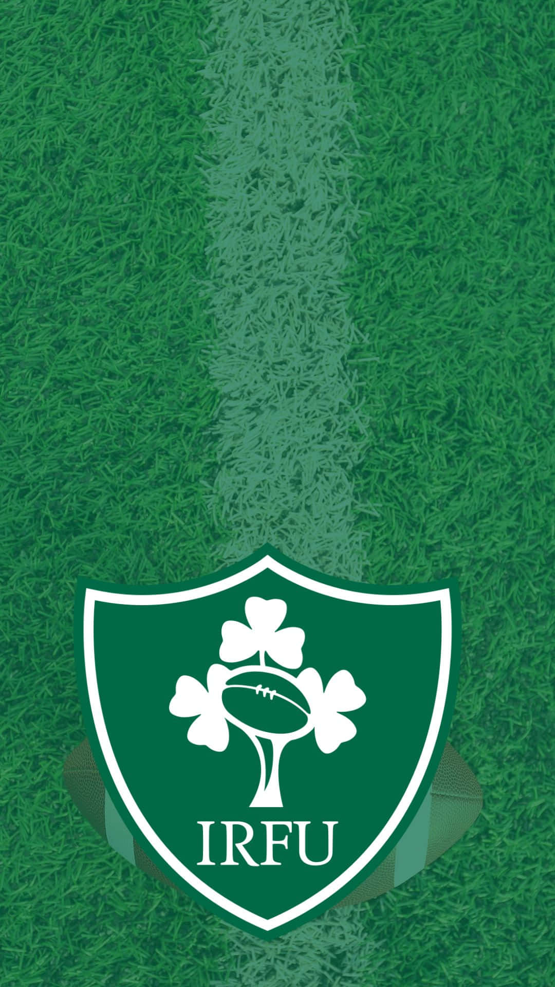 Ireland Rugby 桌布 壁紙 — 一個綠色欖球場，帶有白色中線和一個帶有三葉草和球的IRFU盾牌標誌。