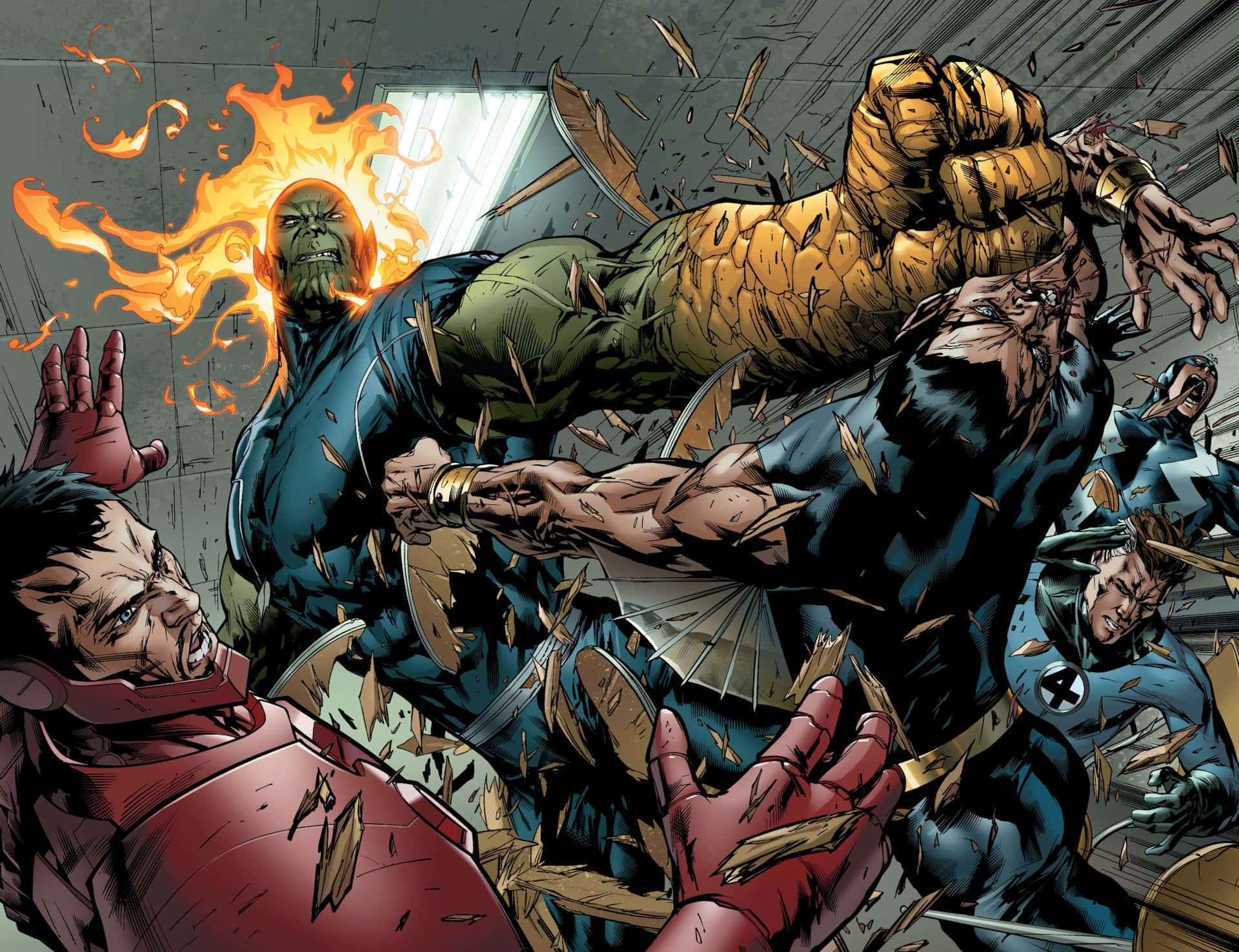 Secret Invasion 桌布 壁紙 — 一個綠色皮膚、如火般的英雄在破碎的混凝土房間中與一個岩石般的巨人衝突，其他英雄震驚地觀看。