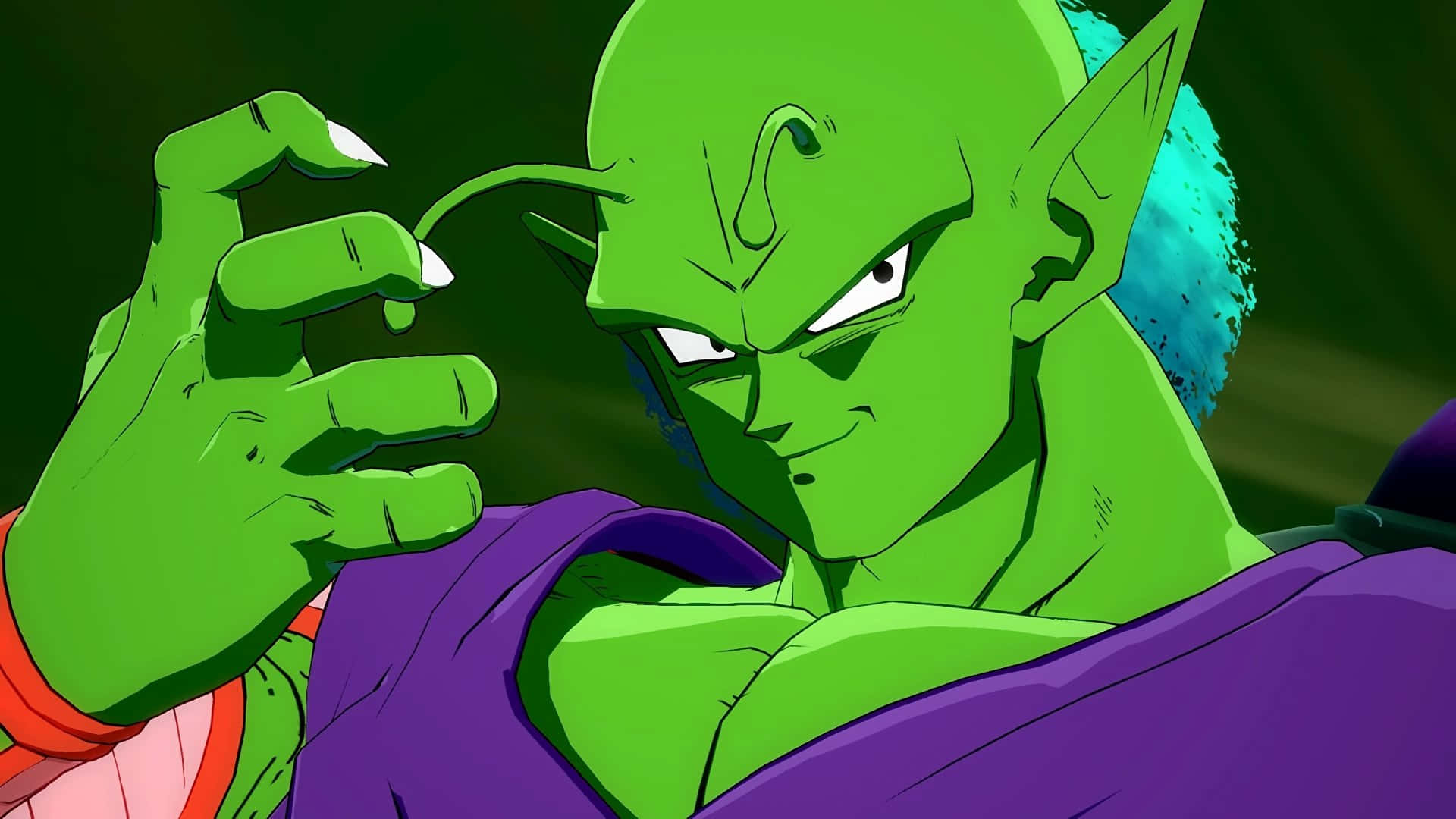 Dragon Ball Characters 桌布 壁紙 — 一個綠色皮膚、尖耳朵、身穿紫色長袍的威脅性動漫角色，在緊張的特寫中緊握拳頭。