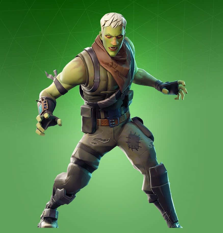 Jonesy Fortnite 桌布 壁紙 — 一個綠色皮膚、白髮、身穿戰術裝備的Fortnite角色，在綠色幾何背景前擺出侵略性姿勢。
