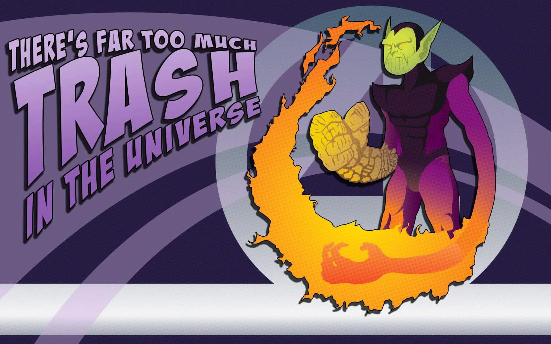 Skrulls 桌布 壁紙 — 一個綠色皮膚、穿著紫色盔甲的惡棍站在燃燒的彎月上，握著一個金色拳頭，背景是旋轉的紫色，並有粗體文字宣稱『宇宙中的垃圾太多了』。
