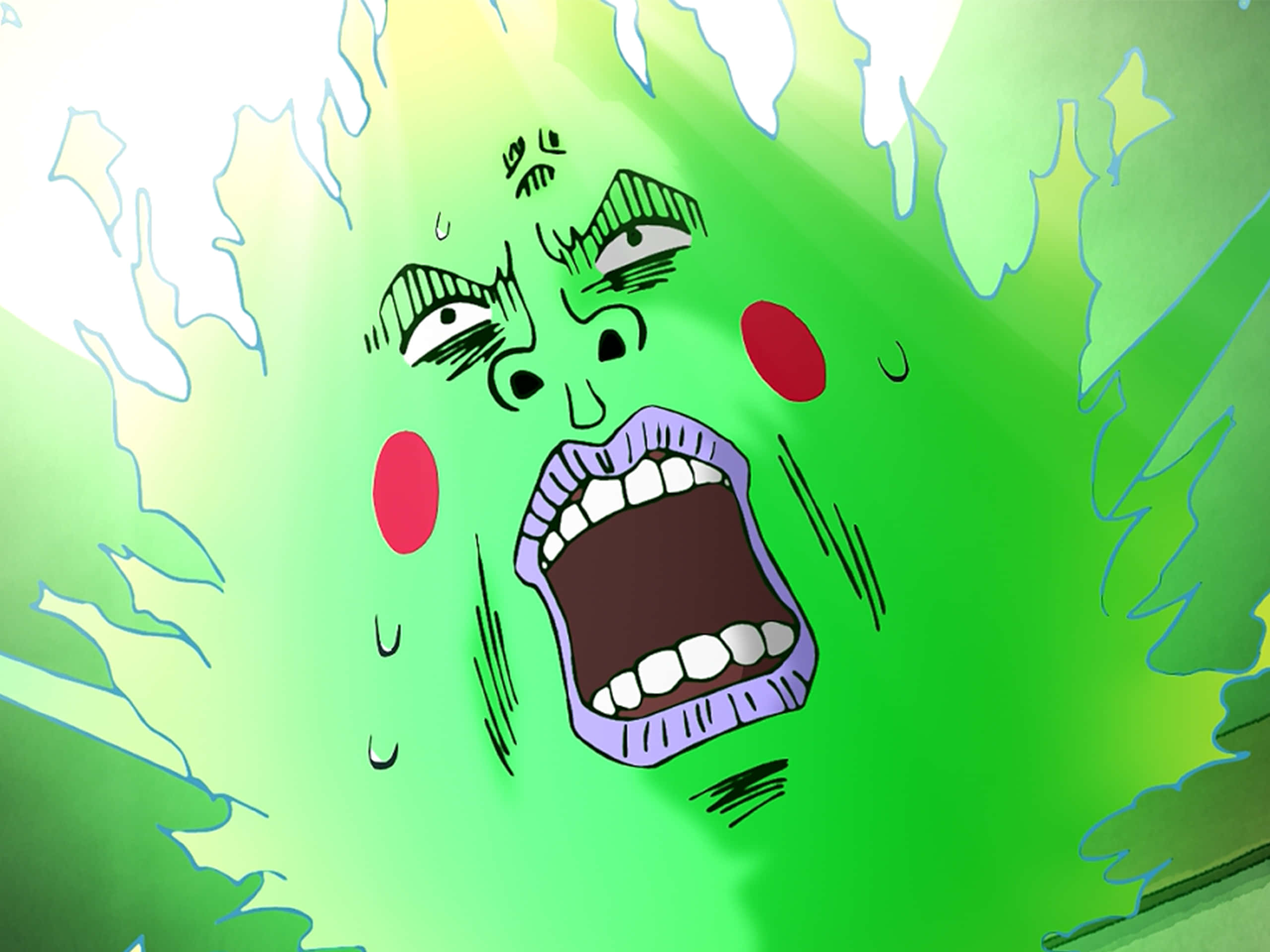 Mob Psycho 100 Ekubo 桌布 壁紙 — 一個綠色皮膚、紅色臉頰的卡通角色，在鮮綠色背景上睜大眼睛、張開嘴巴尖叫。