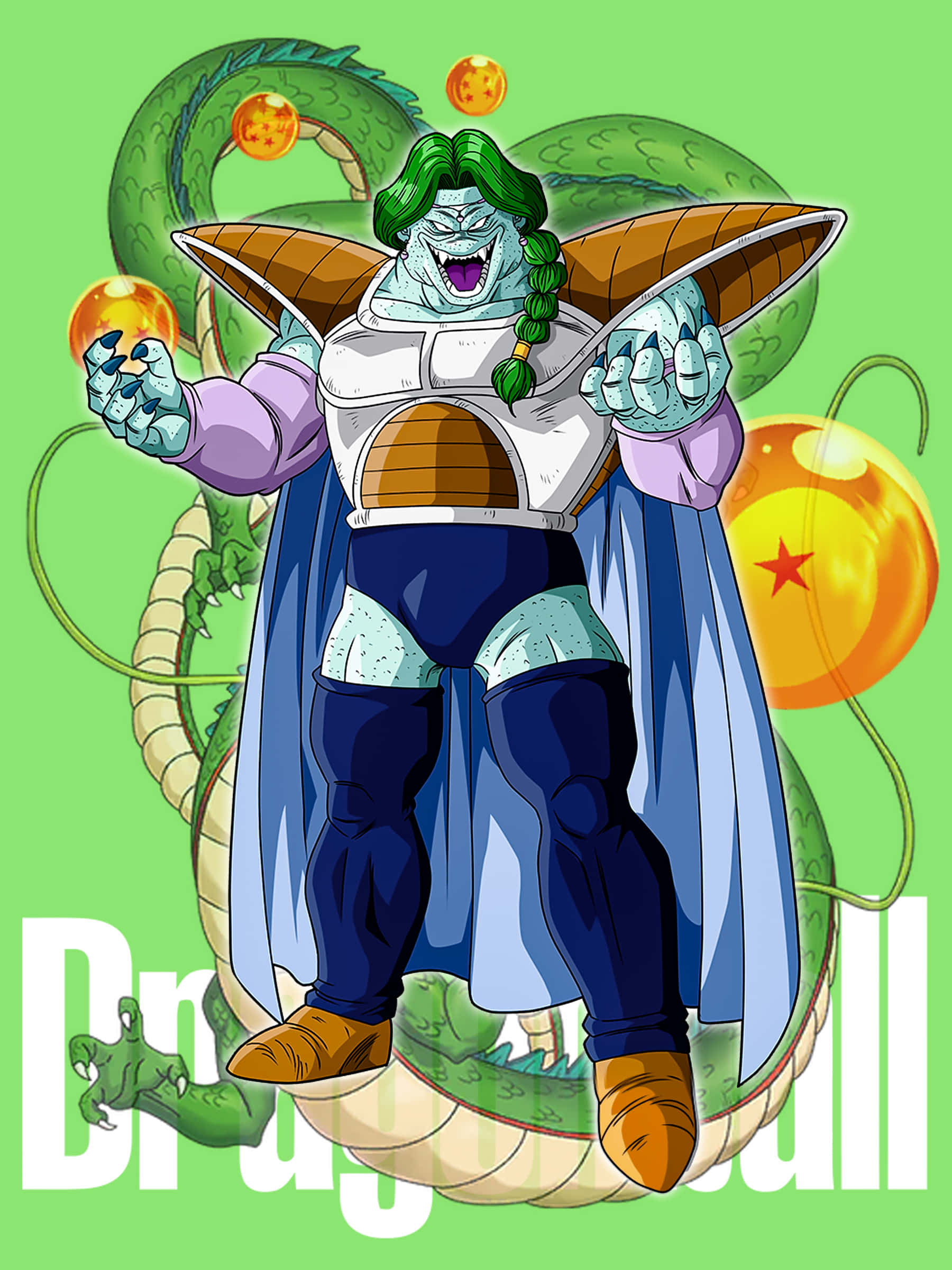 Zarbon 桌布 壁紙 — 一個綠色皮膚、辮子頭髮、披著斗篷的龍珠戰士，勝利地站在金色球體和一條盤繞的龍之間。