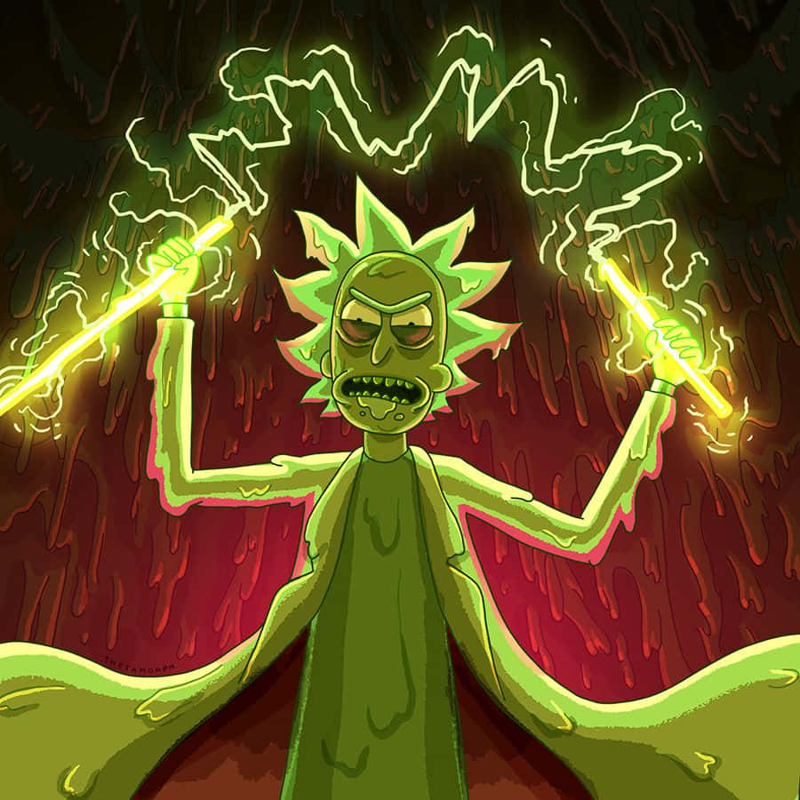 The Council Of Ricks 桌布 壁紙 — 一個綠色皮膚、頭髮尖刺的動畫角色在黑暗洞穴環境中揮舞著發光的黃色能量劍。