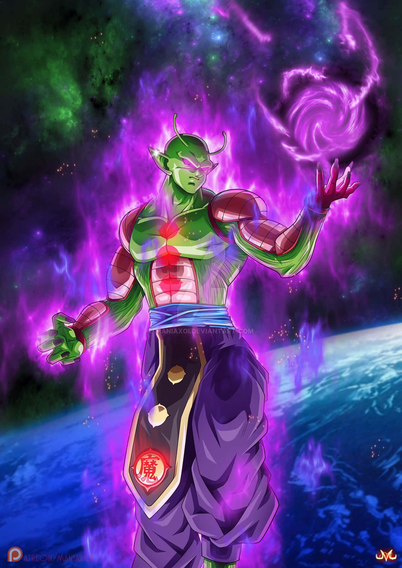 Namek 桌布 壁紙 — 一個綠色皮膚的動漫戰士，有角和發光的眼睛，在宇宙背景下，下方有一個行星，引導紫色能量。