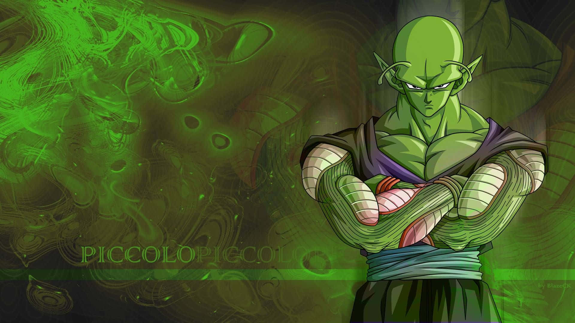 Namek 桌布 壁紙 — 一個綠色皮膚的動漫角色交叉雙臂，站在旋轉的綠色能量背景前。