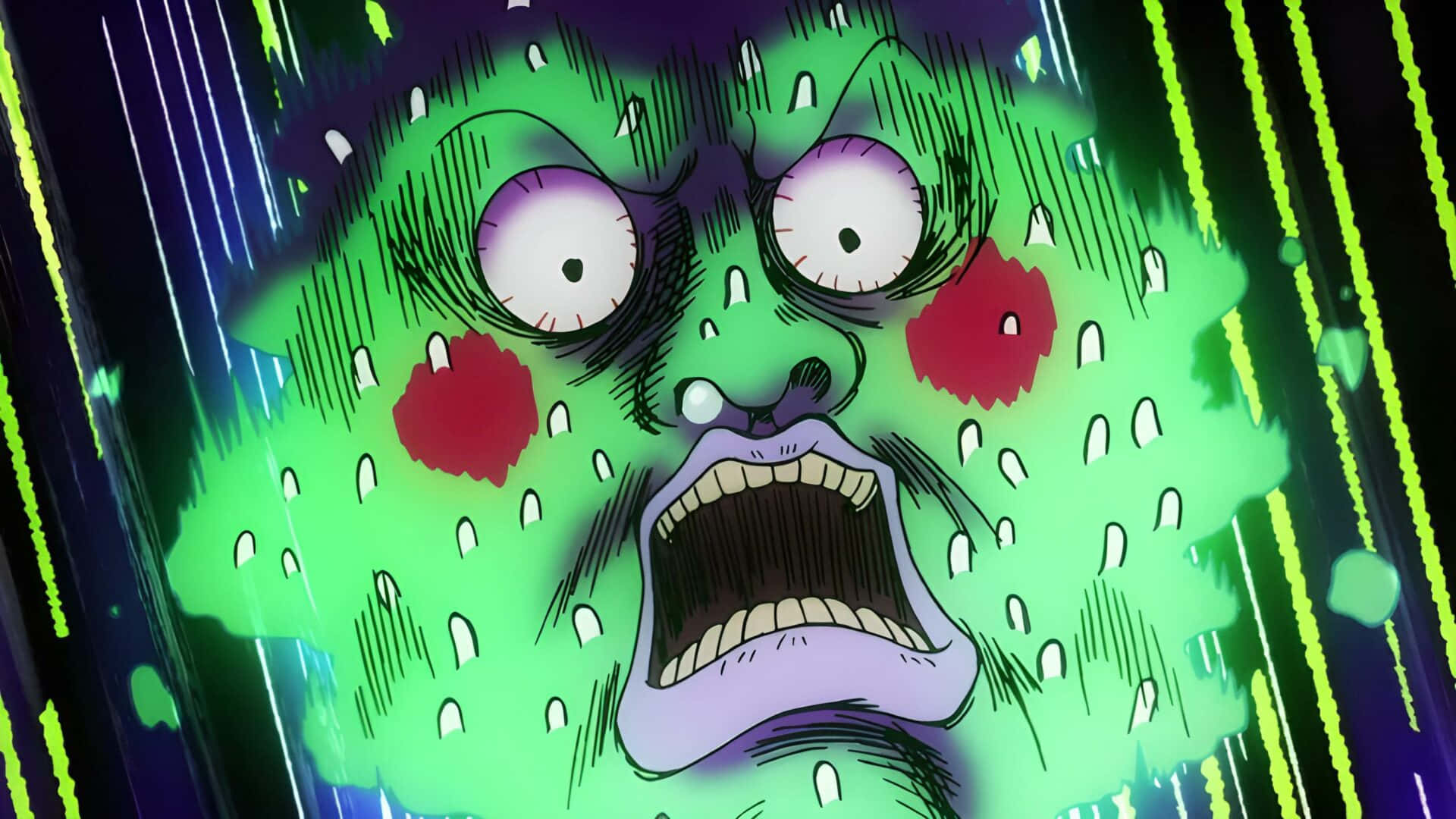 Mob Psycho 100 Ekubo 桌布 壁紙 — 一個綠色皮膚的動漫角色在霓虹條紋背景上睜大眼睛、紅著臉頰尖叫。