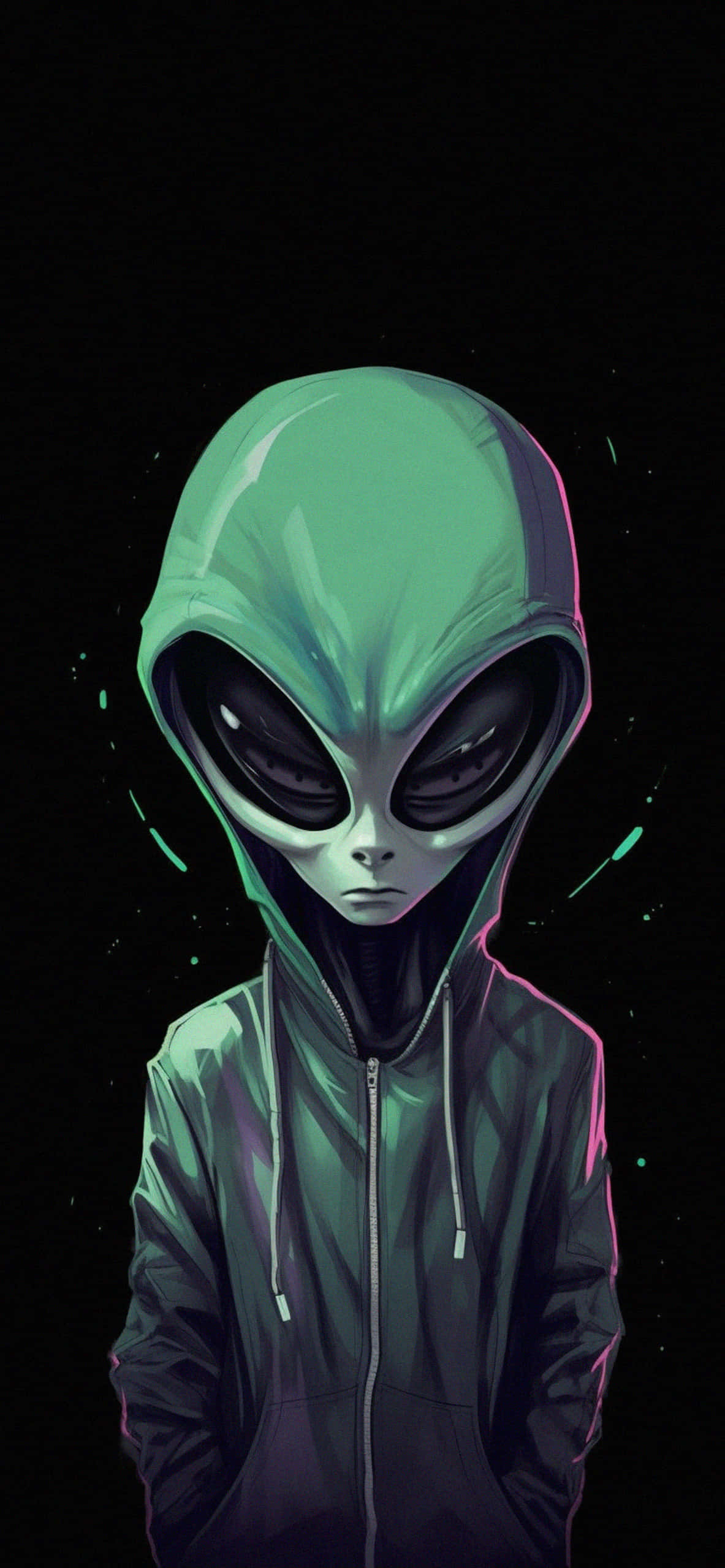 Cartoon Alien 桌布 壁紙 — 一個綠色皮膚的外星人穿著連帽衫，在帶有霓虹點綴的星空黑色背景前莊嚴地凝視。