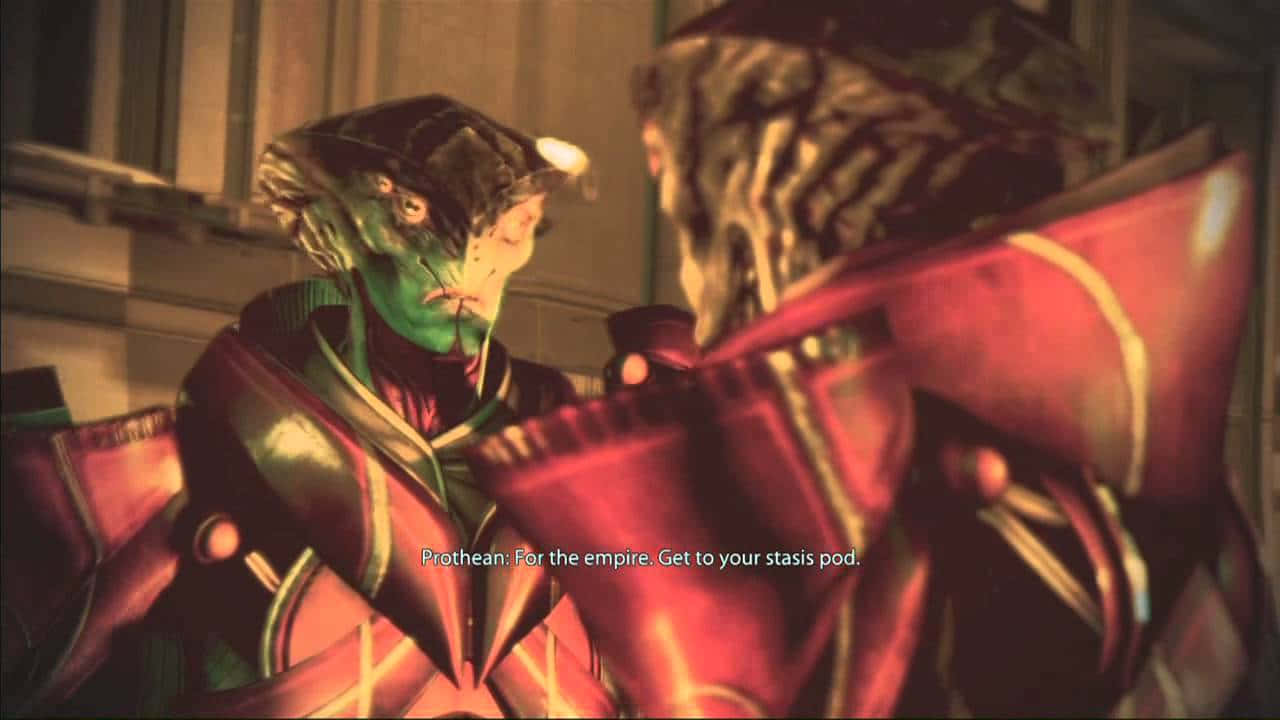 Mass Effect Javik 桌布 壁紙 — 一個綠色皮膚的外星人身穿紅色盔甲，在昏暗的城市環境中與另一個裝甲人物對峙。