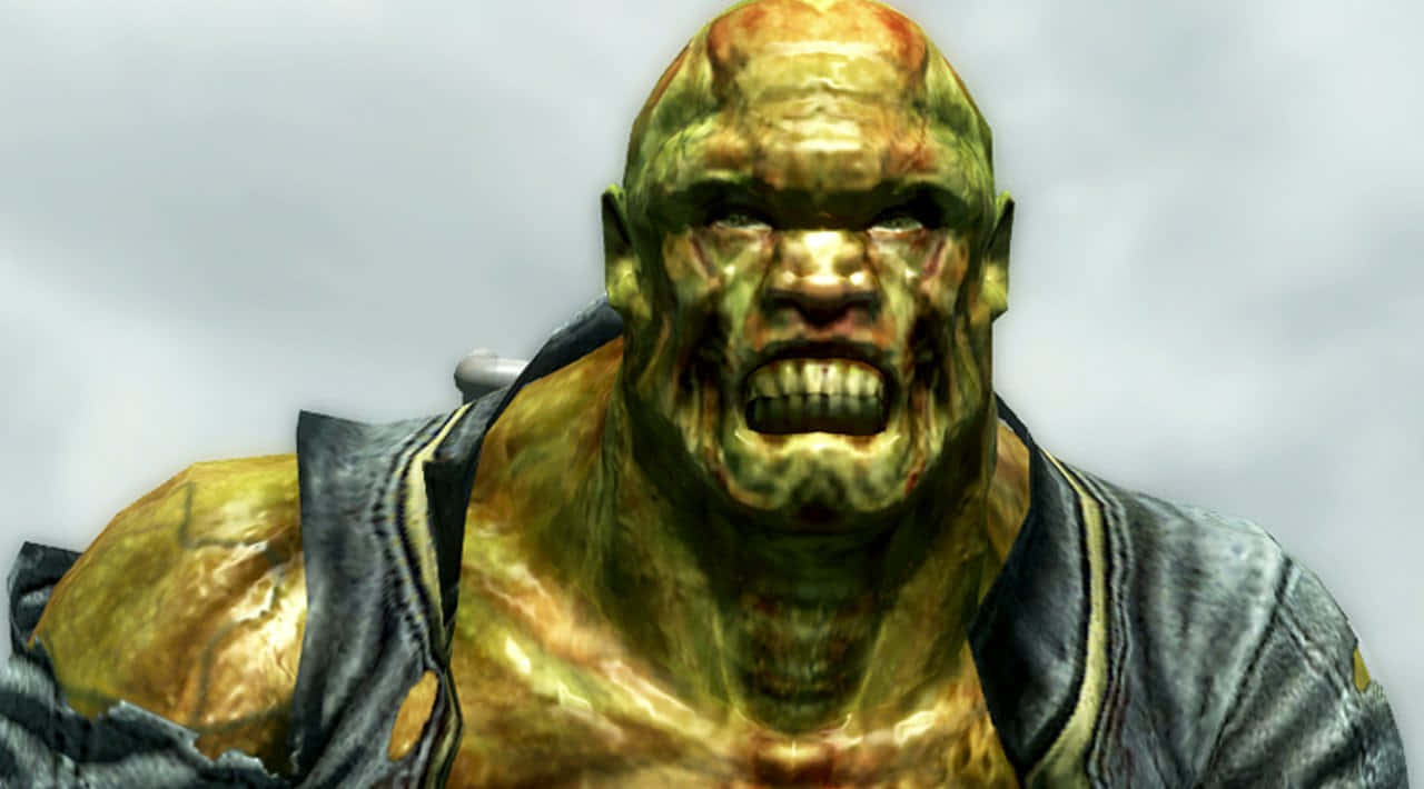 Fallout Characters 桌布 壁紙 — 一個綠色皮膚的怪獸，表情猙獰，身穿破爛牛仔外套，在灰色天空下咆哮。
