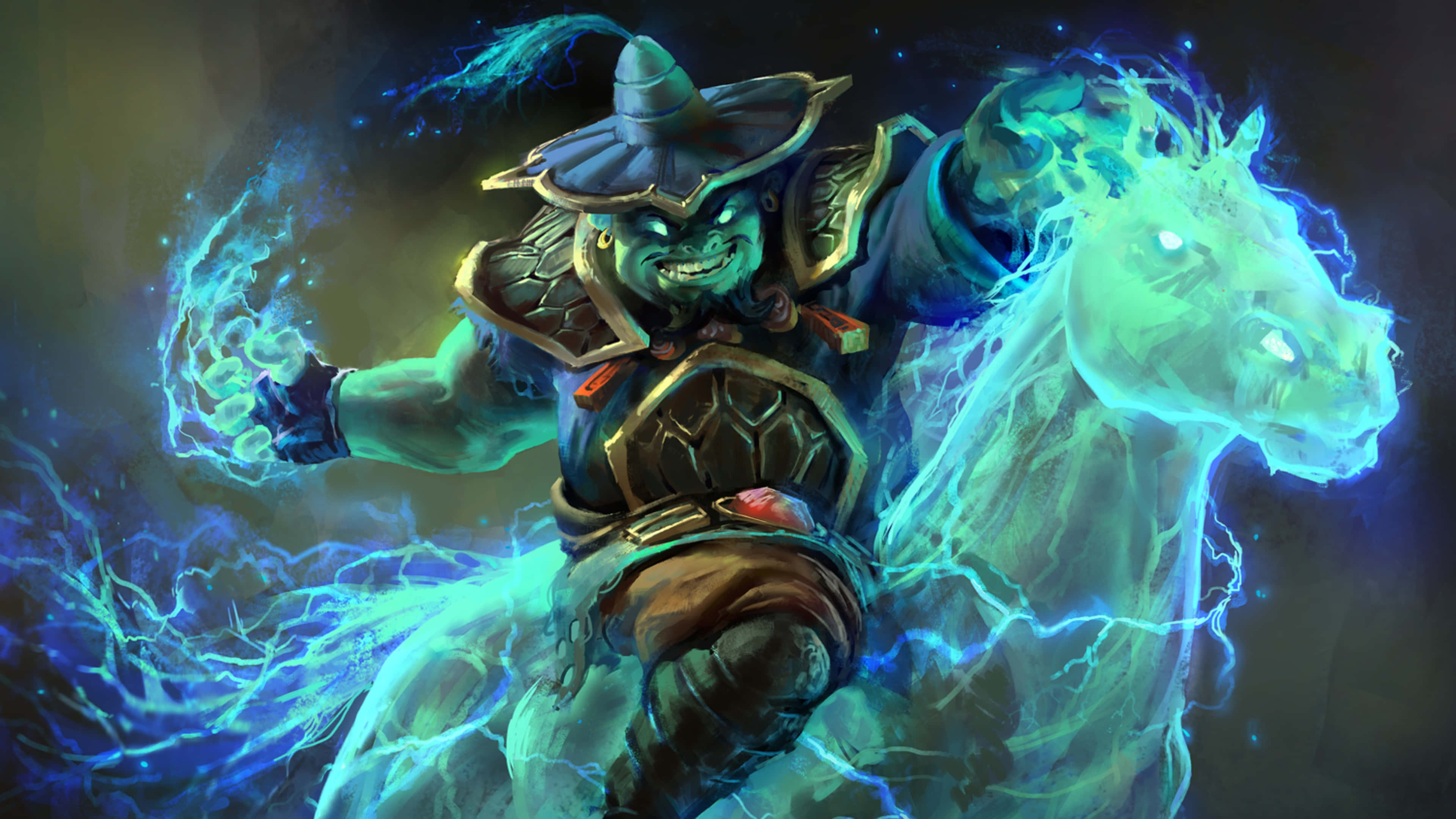 Dota 桌布 壁紙 — 一個綠色皮膚的獸人戰士身穿華麗盔甲，騎著一匹發光的藍色閃電馬，背景是黑暗的暴風雨。