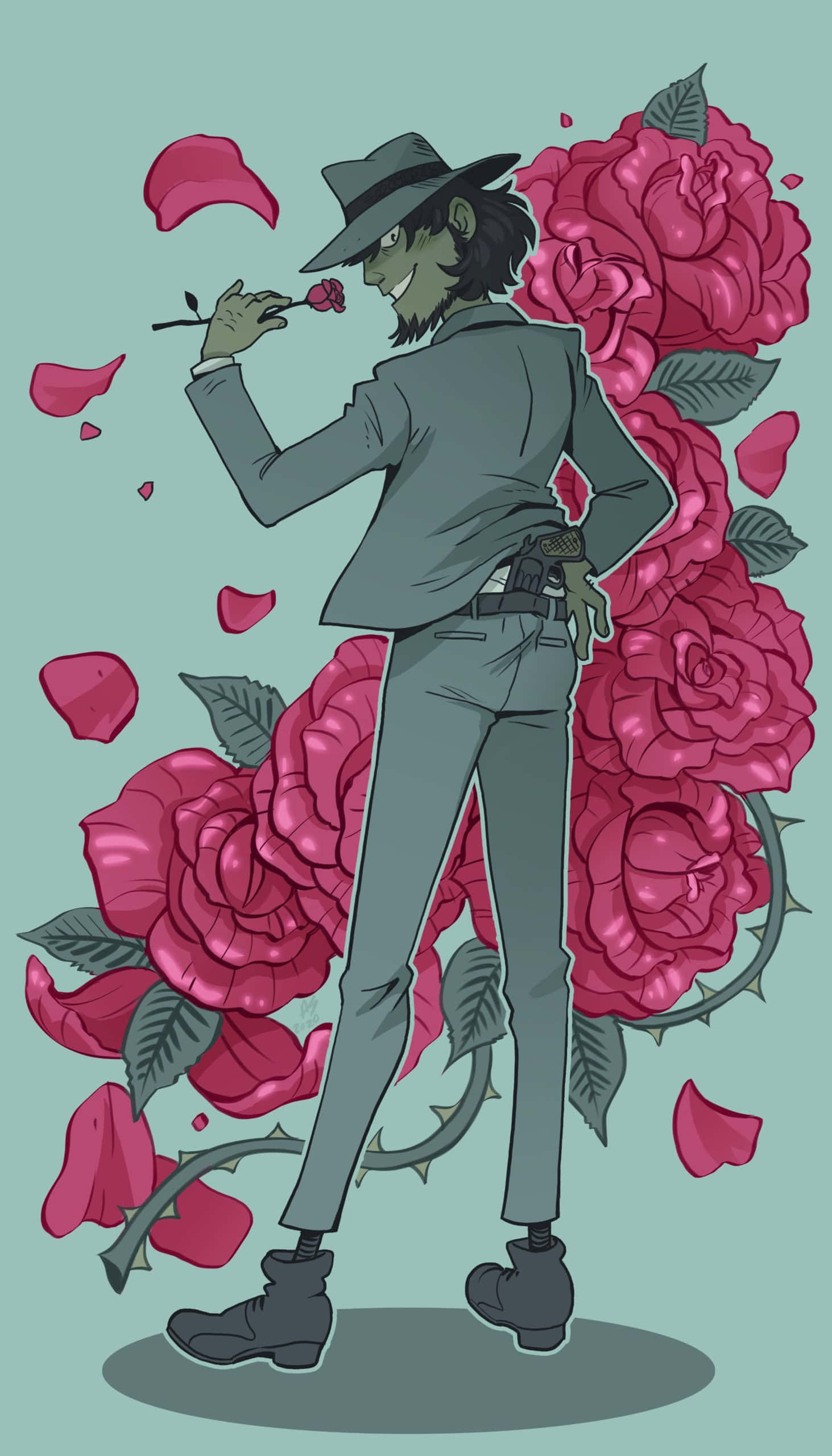 Lupin Iii Daisuke Jigen 桌布 壁紙 — 一個綠色皮膚的男人穿著灰色西裝和帽子，手持玫瑰，被大朵粉紅玫瑰和飄落的花瓣包圍，背景是藍綠色。