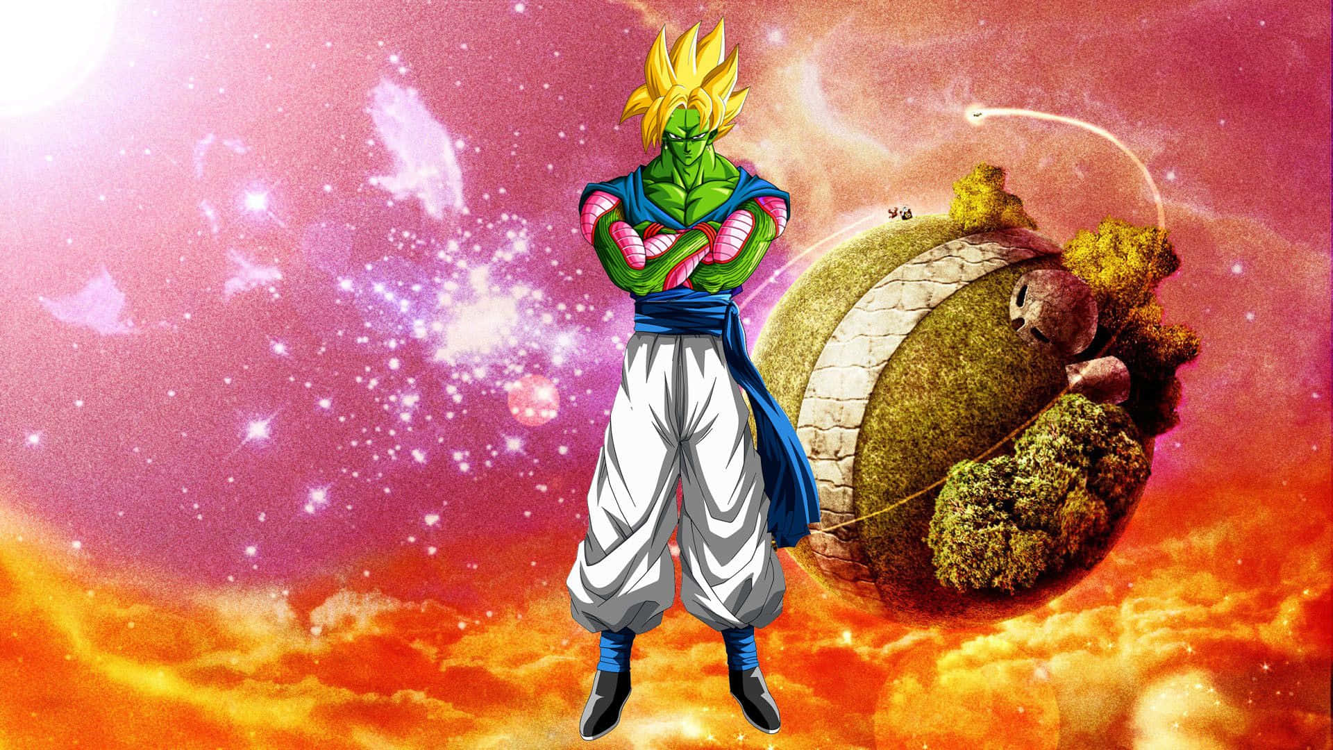 Namek 桌布 壁紙 — 一個綠色皮膚的超級撒亞人自信地交叉雙臂，背景是粉紅色和橙色的星雲以及一個漂浮的行星。