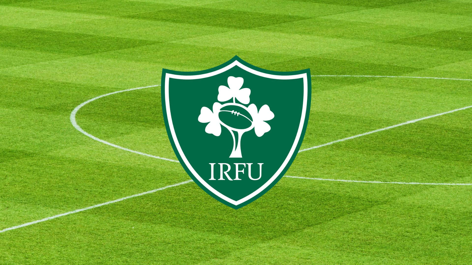 Ireland Rugby 桌布 壁紙 — 一個綠色盾牌標誌，中央有白色三葉草和欖球，位於充滿活力的條紋欖球場上。