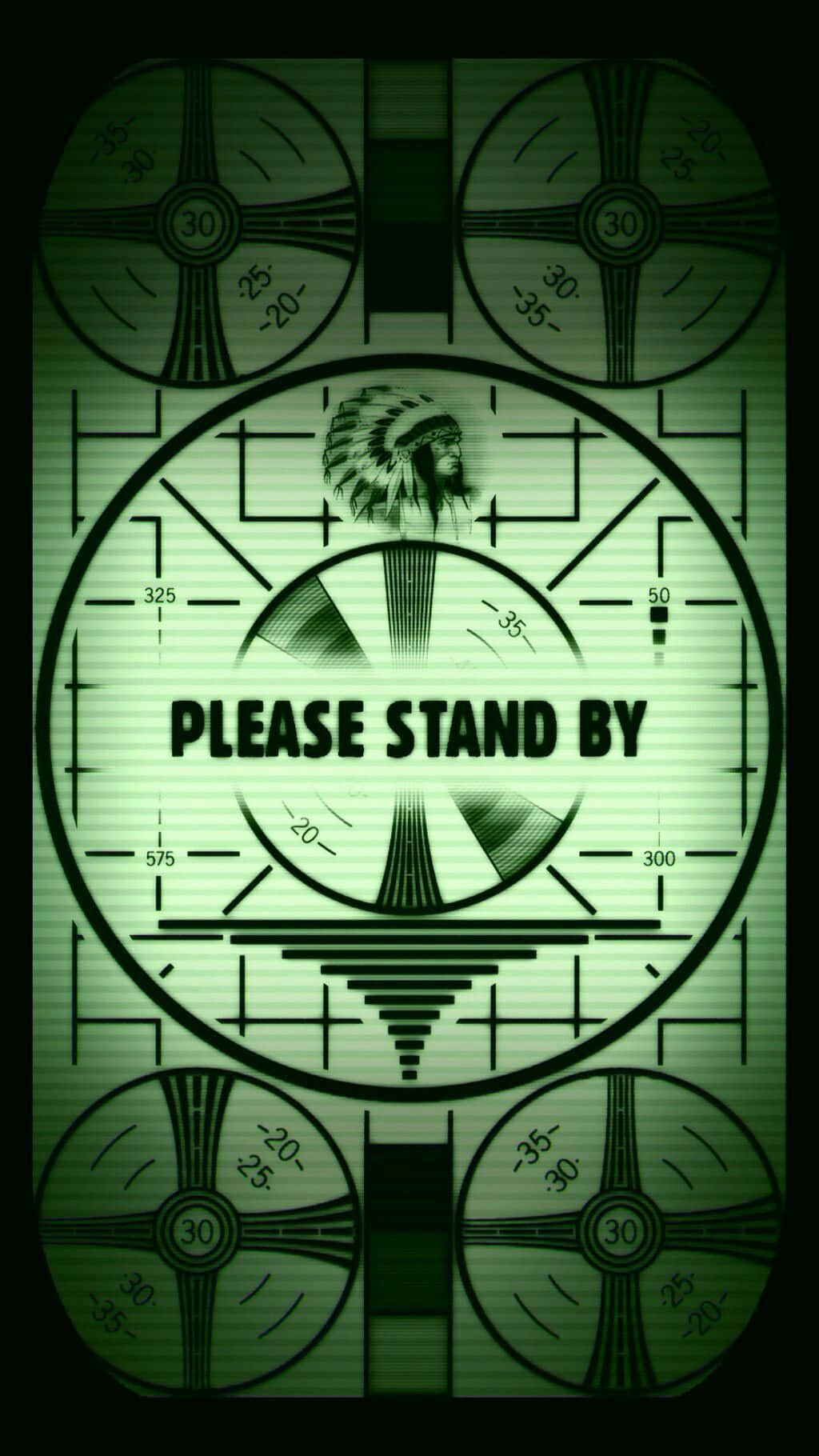 Fallout Shelter 桌布 壁紙 — 一個綠色調的雷達屏幕顯示一個美洲原住民側面輪廓，帶有「PLEASE STAND BY」文字和方向標記。