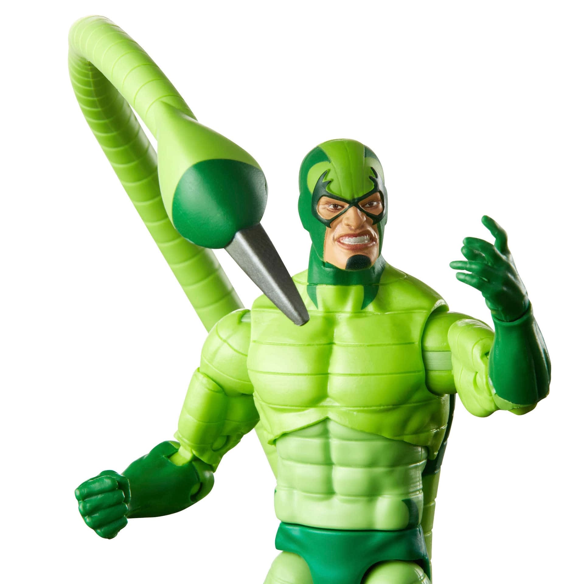 The Scorpion 桌布 壁紙 — 一個綠色超級英雄動作人偶，配備長可伸縮觸手武器，在白色背景前動態擺姿勢。