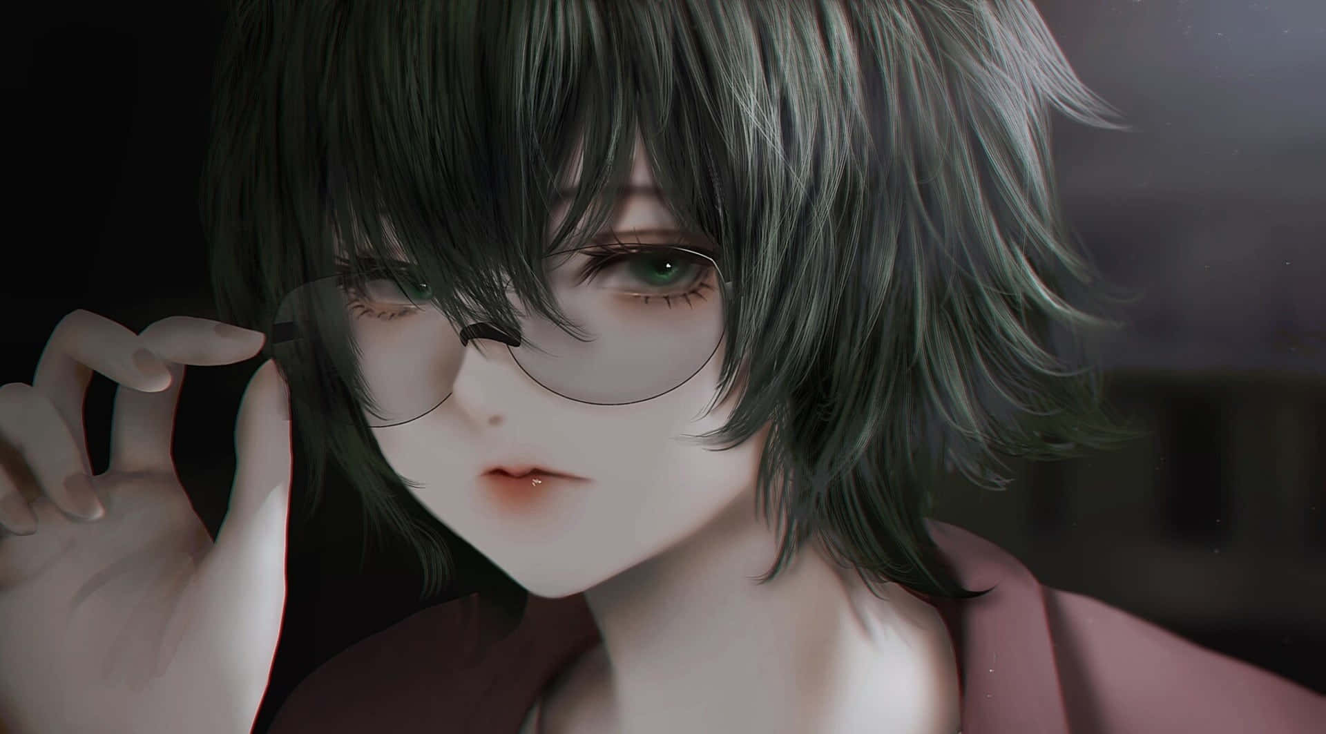 Eto Yoshimura 桌布 壁紙 — 一個綠色頭髮、戴眼鏡的動漫角色在昏暗燈光下調整眼鏡的特寫。