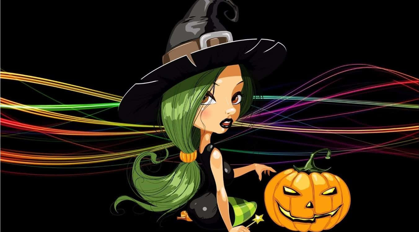 Green Witch 桌布 壁紙 — 一個綠色頭髮、戴著黑色帽子的卡通女巫，在黑色背景上帶著彩色光軌，手持一個發光的傑克南瓜燈。