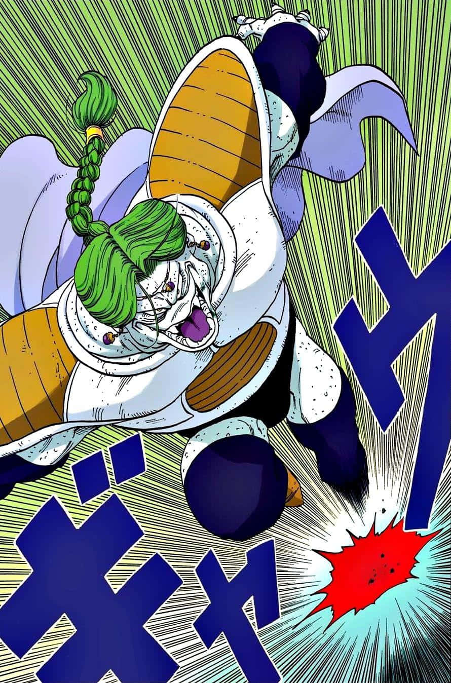 Zarbon 桌布 壁紙 — 一個綠色頭髮的動漫角色，身穿白色和橙色道服，伴隨動態速度線和醒目的藍色擬聲詞，釋放出強大的攻擊。