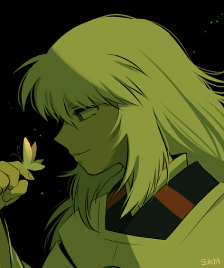 Hakudoshi 桌布 壁紙 — 一個綠色頭髮的動漫角色在星空下溫柔地捧著一朵發光的花。