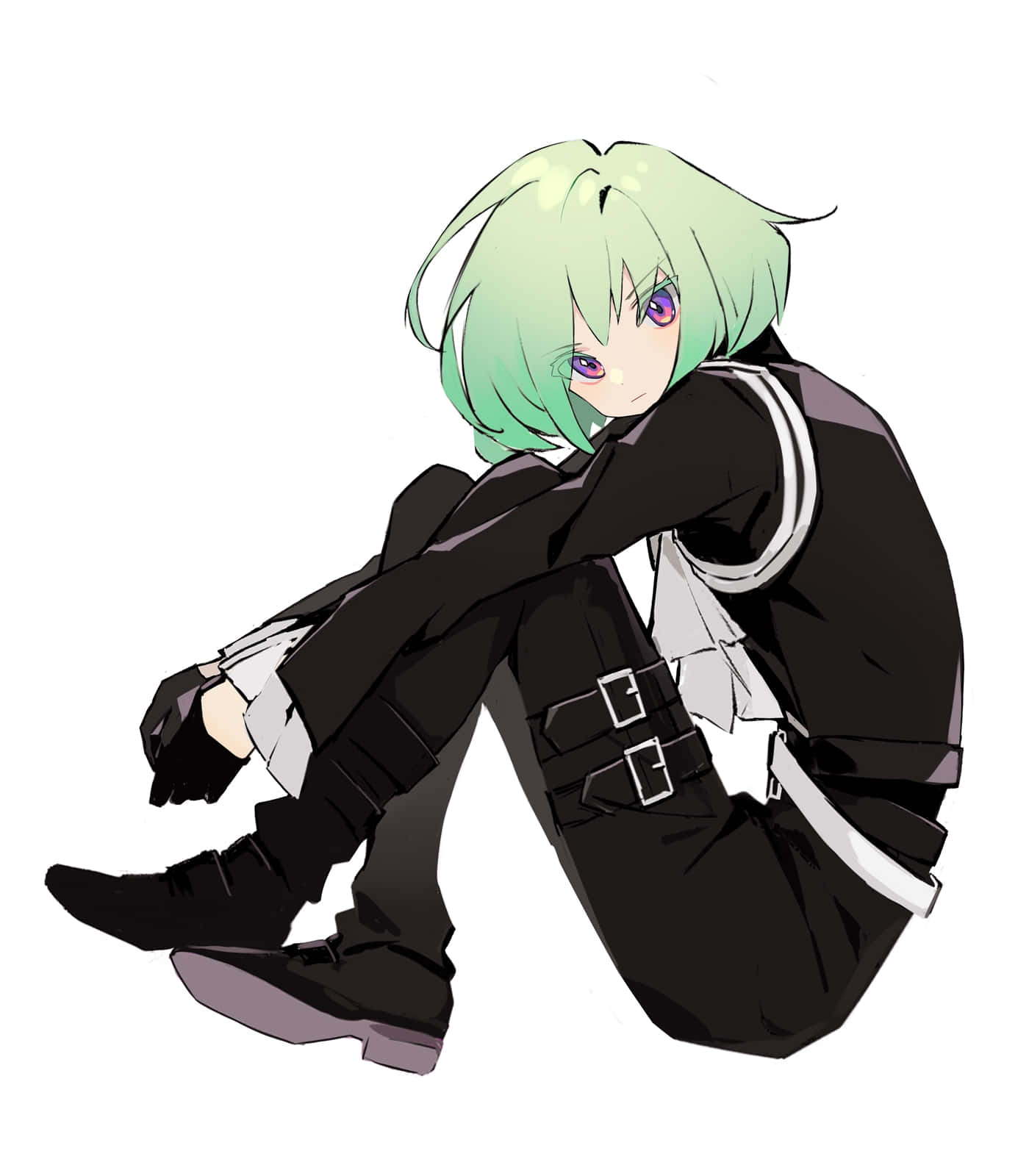 Promare 桌布 壁紙 — 一個綠色頭髮的動漫角色穿著黑白服裝盤腿而坐，表情沉思。