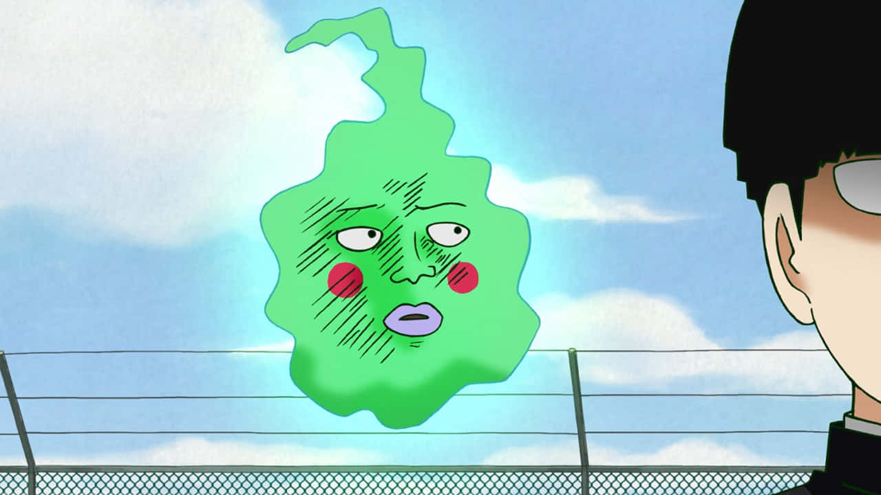 Mob Psycho 100 Ekubo 桌布 壁紙 — 一個綠色鬼魂狀的團塊，帶有憤怒的眼睛和腮紅印記，漂浮在圍欄上方的天空中，一個男孩在觀看。