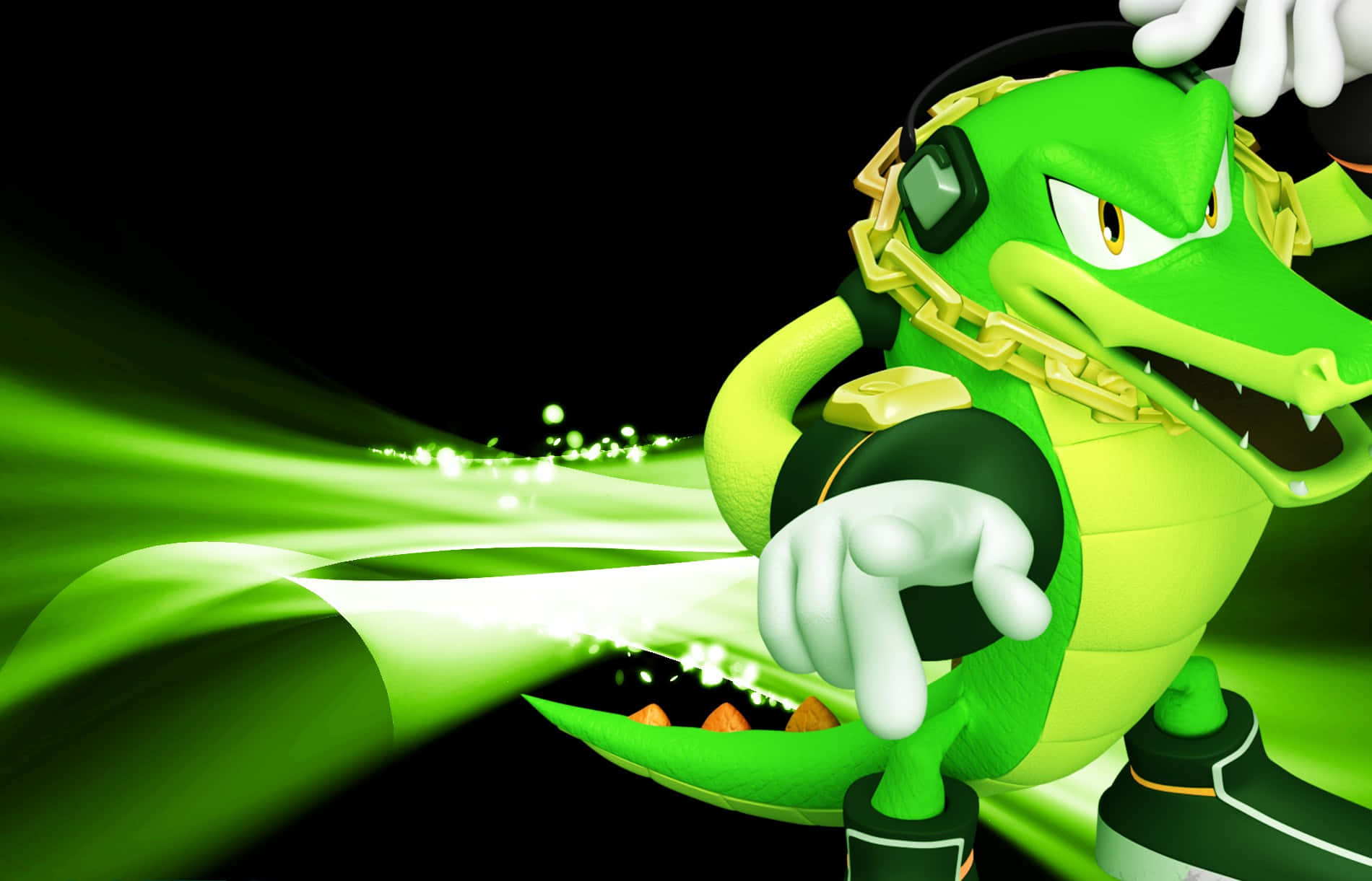 Vector The Crocodile 桌布 壁紙 — 一個綠色鱷魚角色以動態姿勢在黑色背景上發出發光的綠色能量。