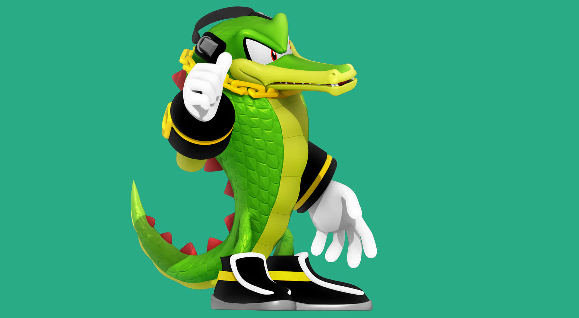Vector The Crocodile 桌布 壁紙 — 一個綠色鱷魚角色穿著黑色和黃色服裝，在純青色背景前自信地擺姿勢。