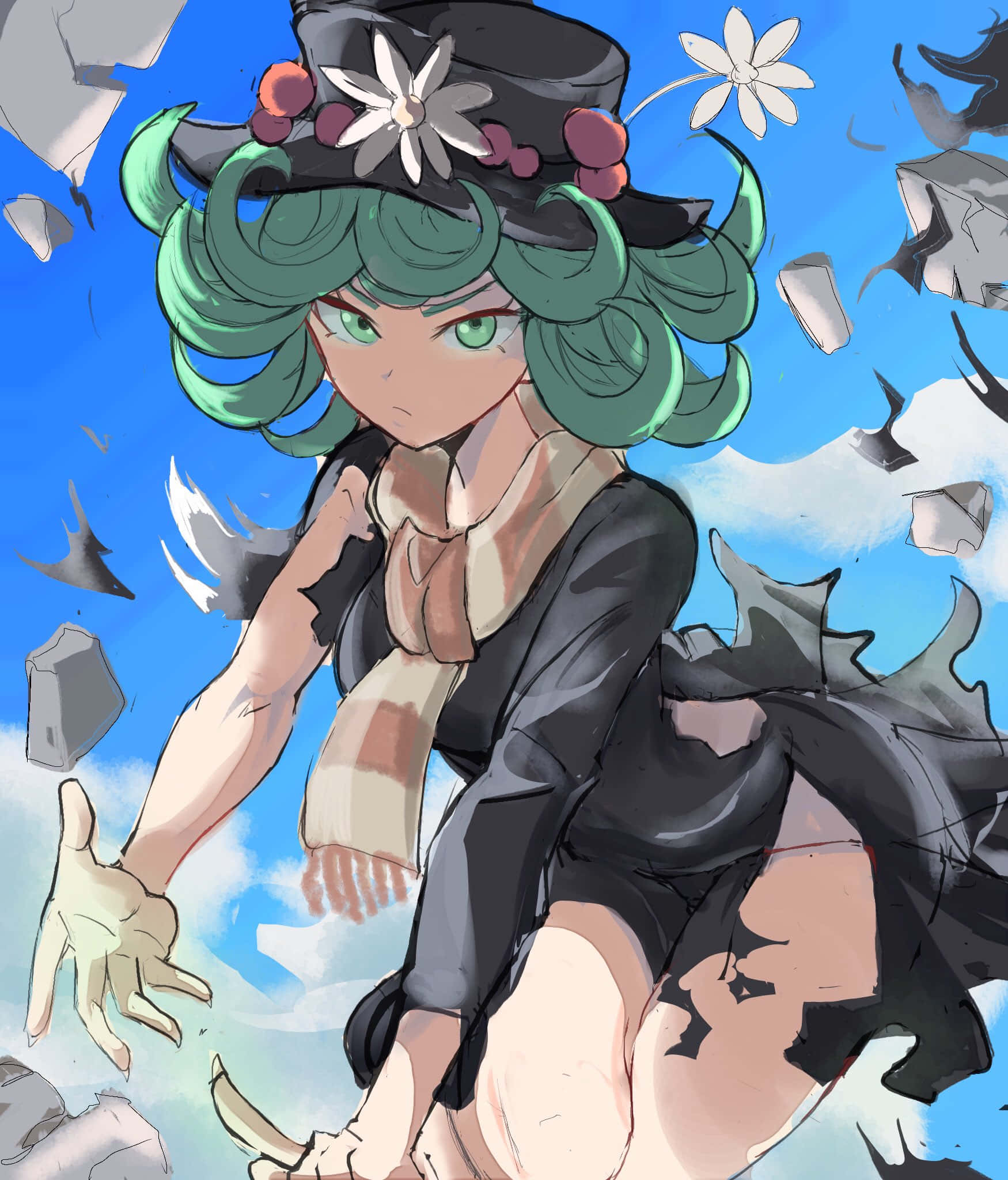 Tatsumaki 桌布 壁紙 — 一個綠髮動漫女孩戴著黑色帽子和破爛外套，在明亮的藍天下，石塊碎片在她周圍飛舞，她挑釁地站著。