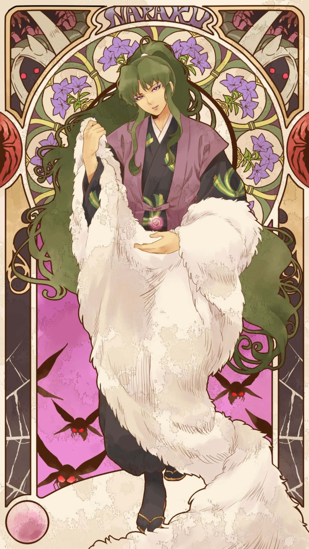 Naraku 桌布 壁紙 — 一個綠髮動漫角色穿著紫色和服，手持白色毛皮披肩，背景是華麗的彩繪玻璃風格，帶有紫色花朵和蝙蝠。