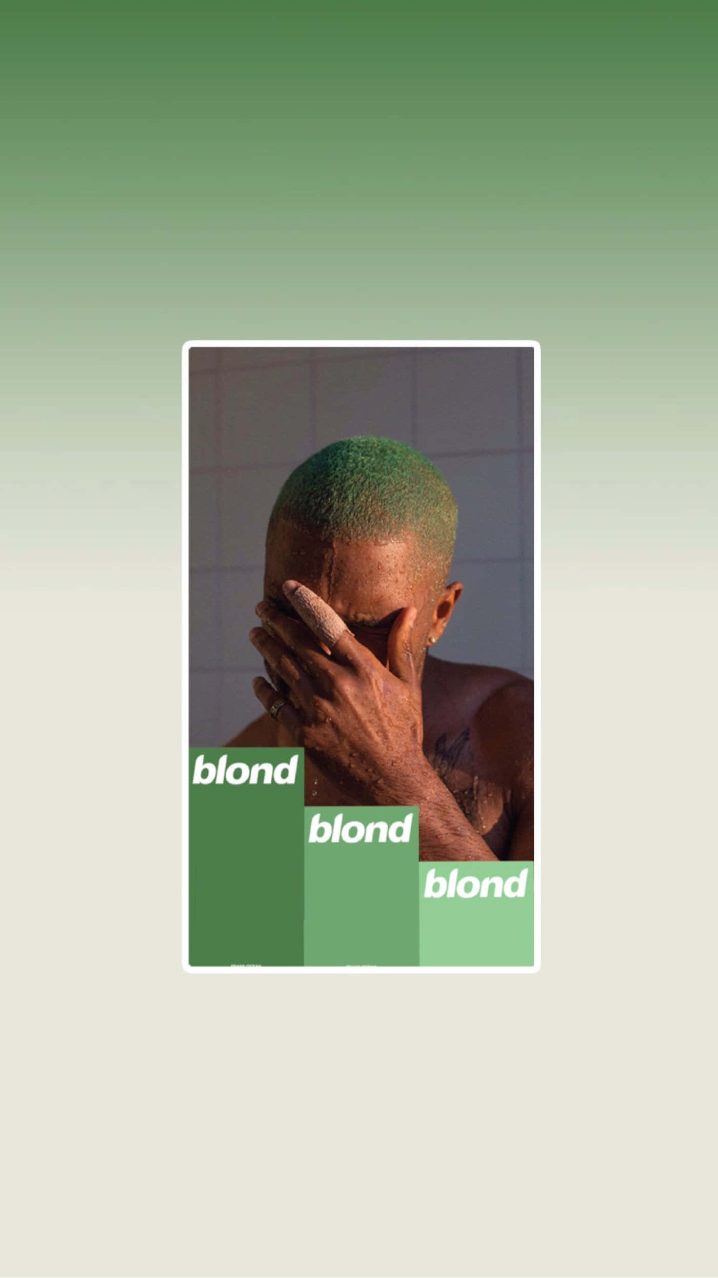 「Blonde」Frank Ocean 壁紙 — 一個綠髮的人用手遮住臉，靠著瓷磚牆，牆上有綠色文字塊寫著「金髮」。