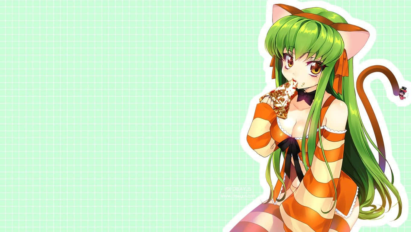 Code Geass C.c. 桌布 壁紙 — 一個綠髮的貓耳貓尾動漫女孩在淺綠色網格背景前吃一片薄餅。