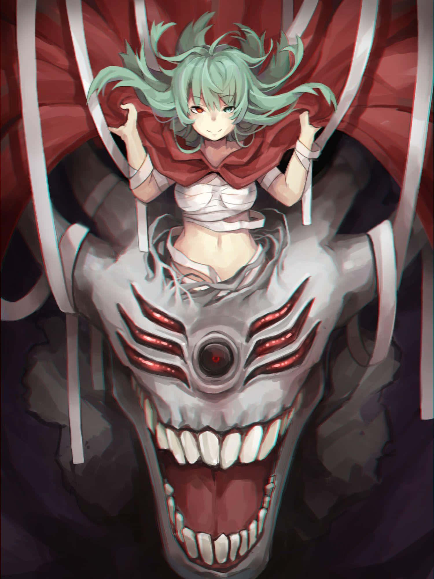 Eto Yoshimura 桌布 壁紙 — 一個綠髮紅眼嘅動漫女仔坐喺一個巨型機械龍頭骨上面，個龍頭骨有發光紅眼同尖牙。