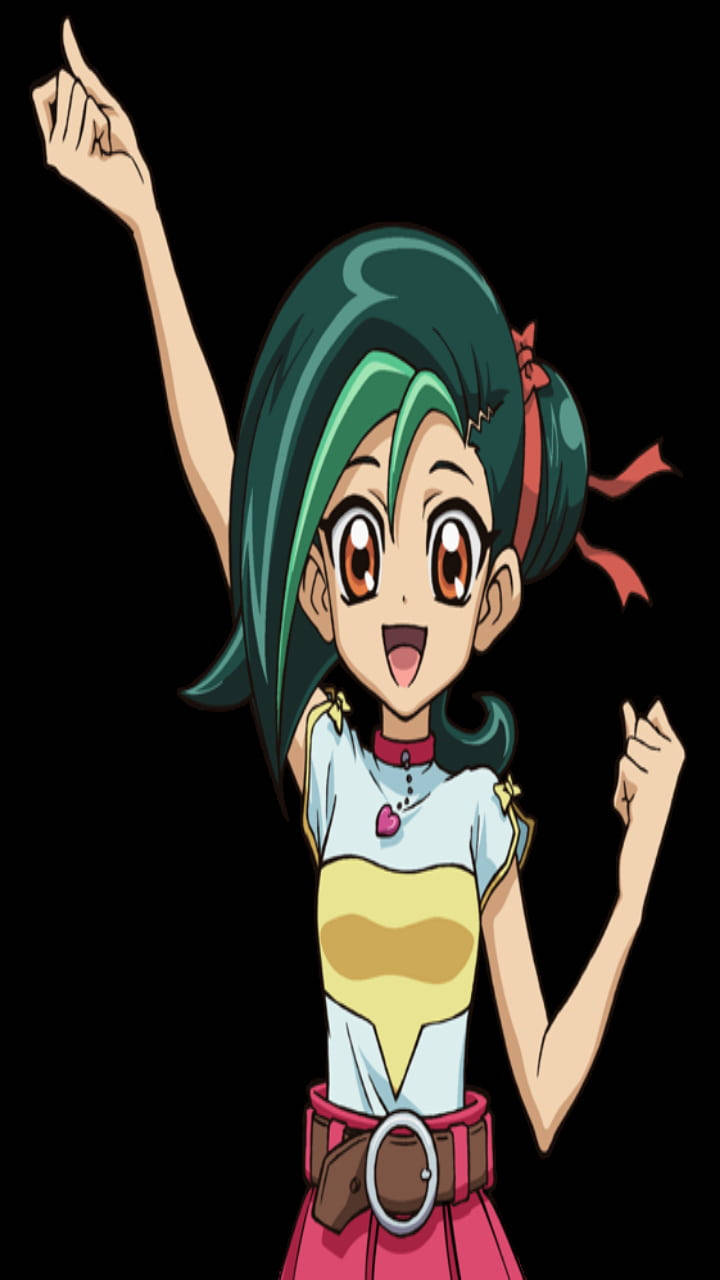 Yu Gi Oh 桌布 壁紙 — 一個綠髮紅蝴蝶結的動漫女孩在黑色背景前興奮地舉起拳頭。