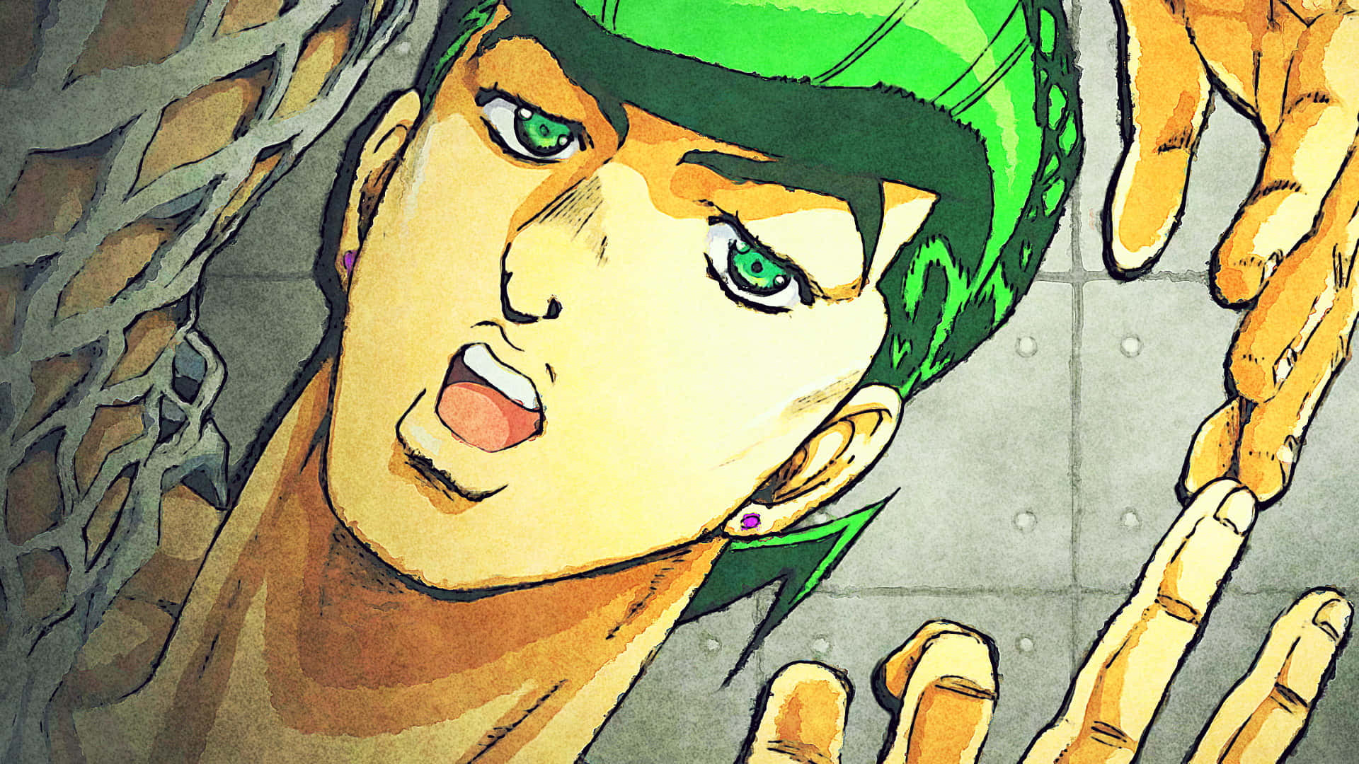 Josuke Higashikata 桌布 壁紙 — 一個綠髮綠眼的動漫角色特寫，在粗糙的混凝土背景下，巨大的手向他伸來，他震驚地向上看。