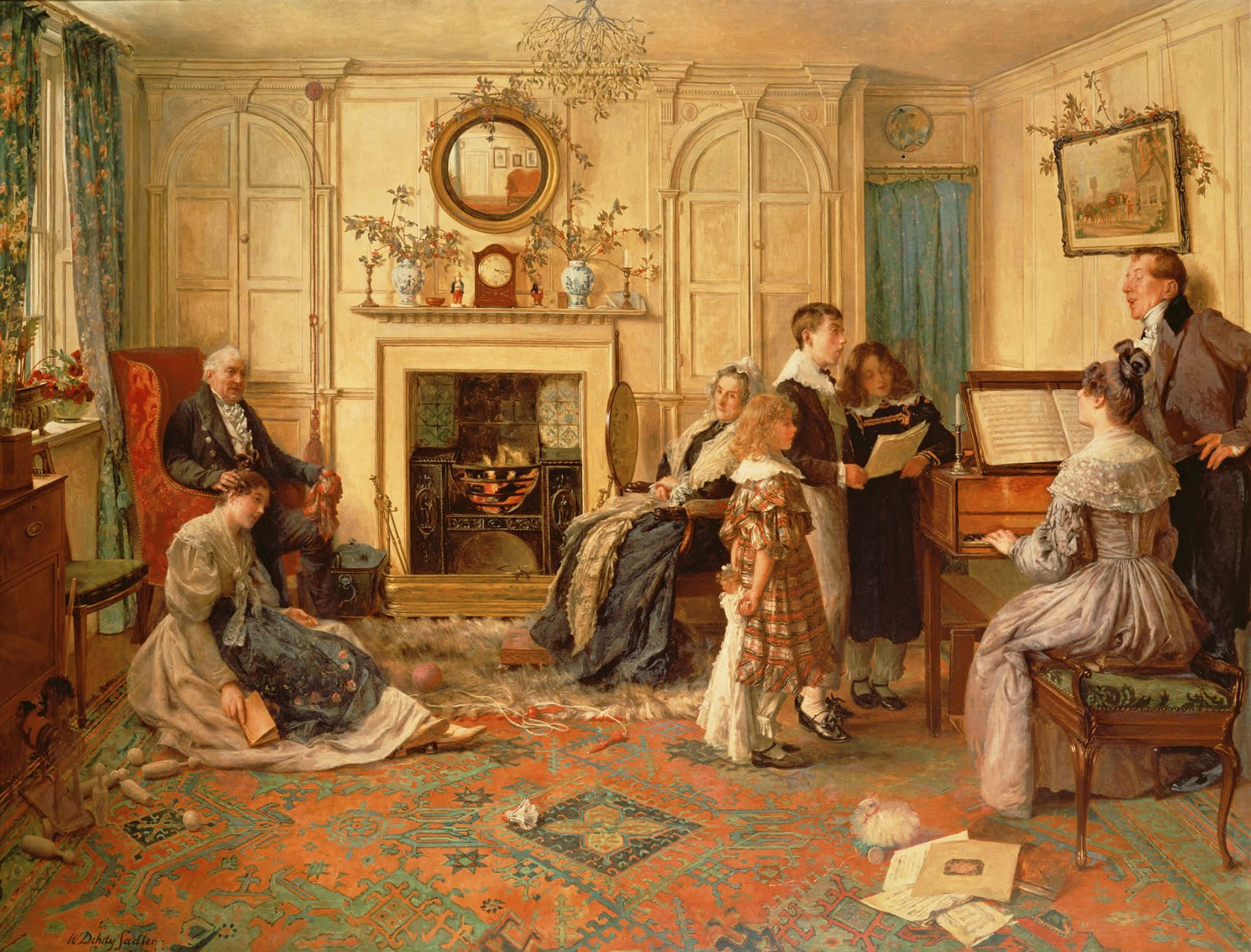 Victorian 桌布 壁紙 — 一個維多利亞時代的家庭在溫暖明亮的客廳聚會，進行音樂聚會，孩子們唱歌，大人們專心聆聽。
