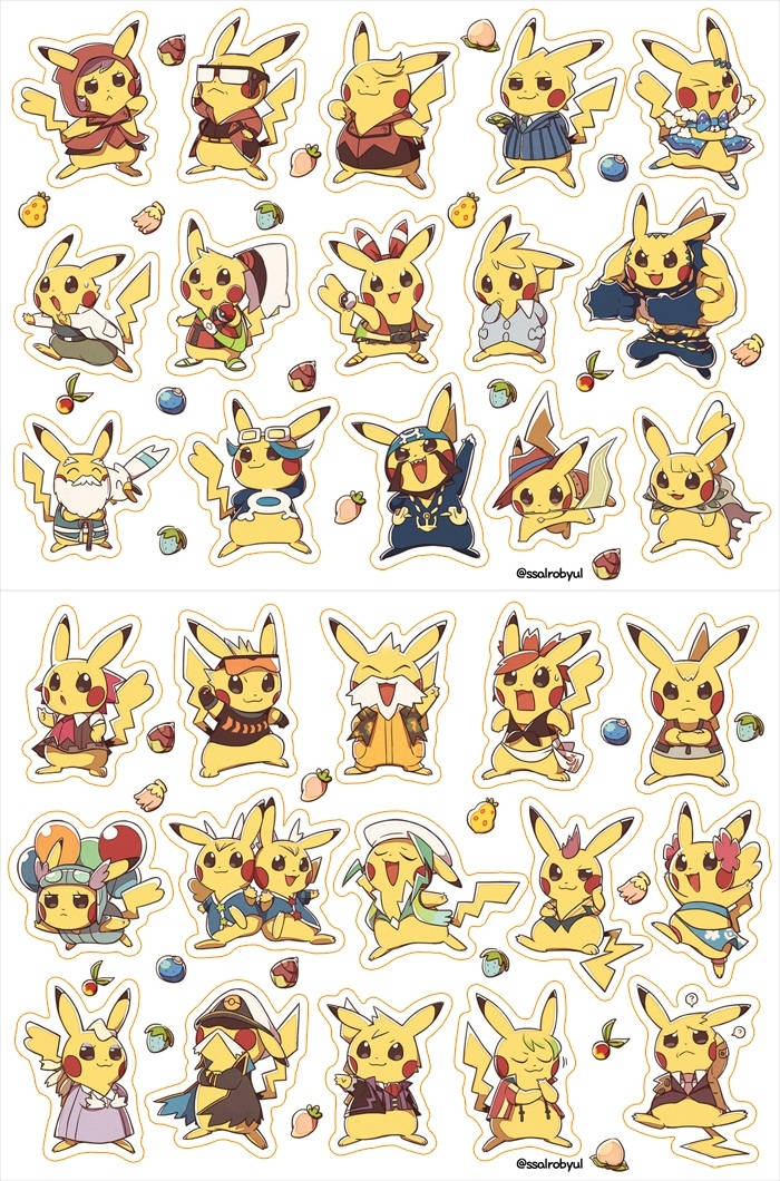 Pokemon 桌布 壁紙 — 一個網格中的比卡超貼紙，穿著各種可愛服裝和姿勢，帶有小水果和漿果點綴。