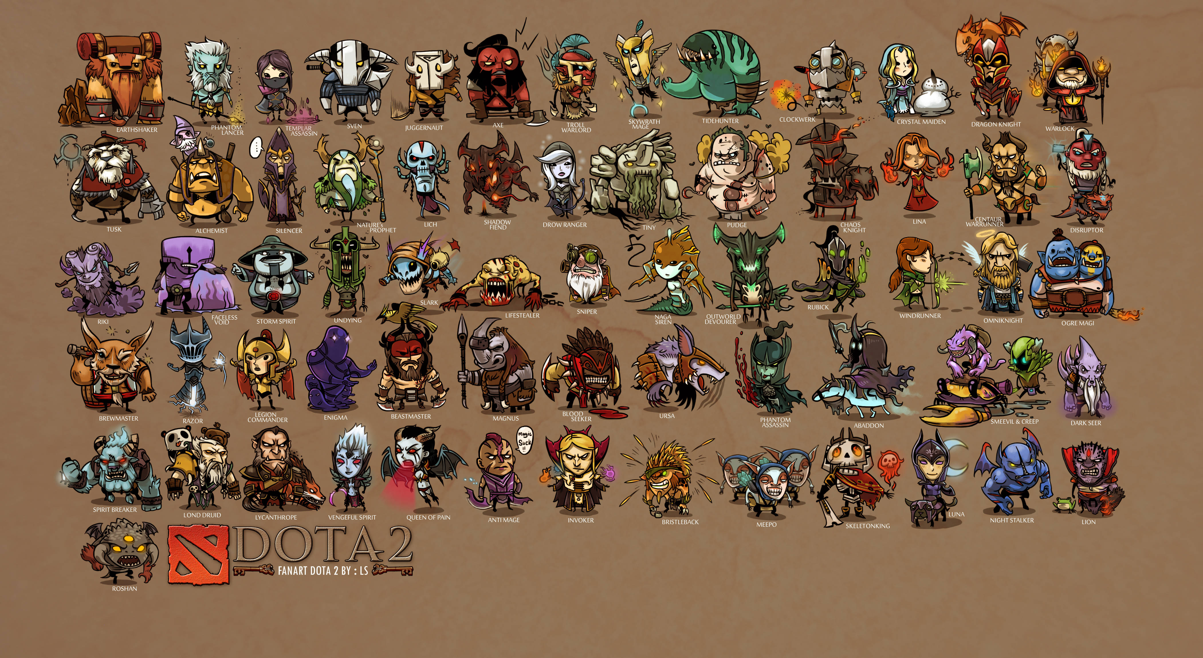 Chibi 桌布 壁紙 — 一個網格狀排列的彩色Q版Dota 2英雄與反派，設計獨特，背景為棕色。