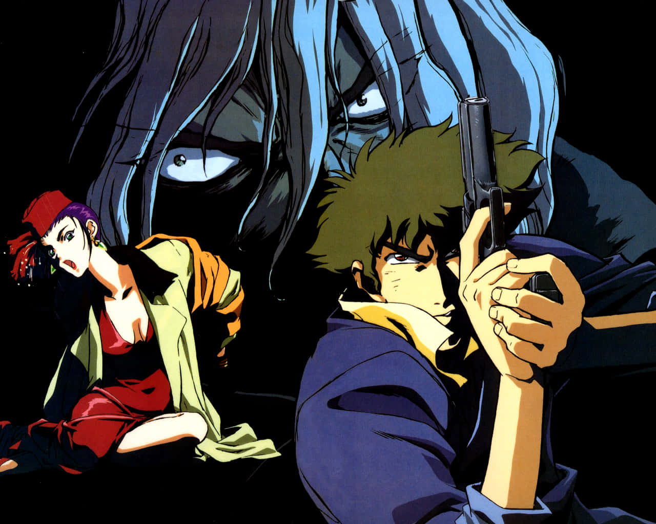 Cowboy Bebop Vicious 桌布 壁紙 — 一個緊張的動漫場景，一名男子舉槍瞄準，一名女子蹲在他旁邊，上方有一個陰影人物籠罩。