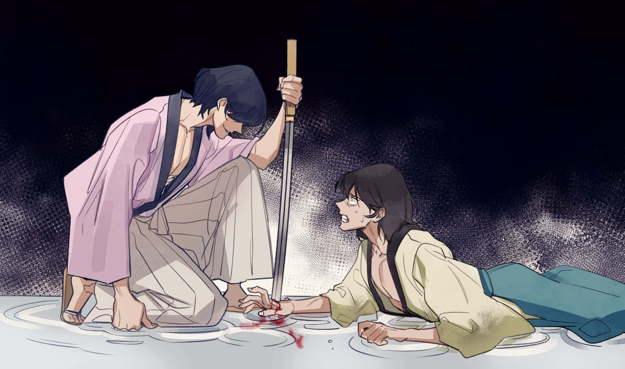 Goemon Ishikawa Xiii 桌布 壁紙 — 一個緊張的動漫場景，一名跪著的劍士將刀刃舉在地面上流血的女人上方。