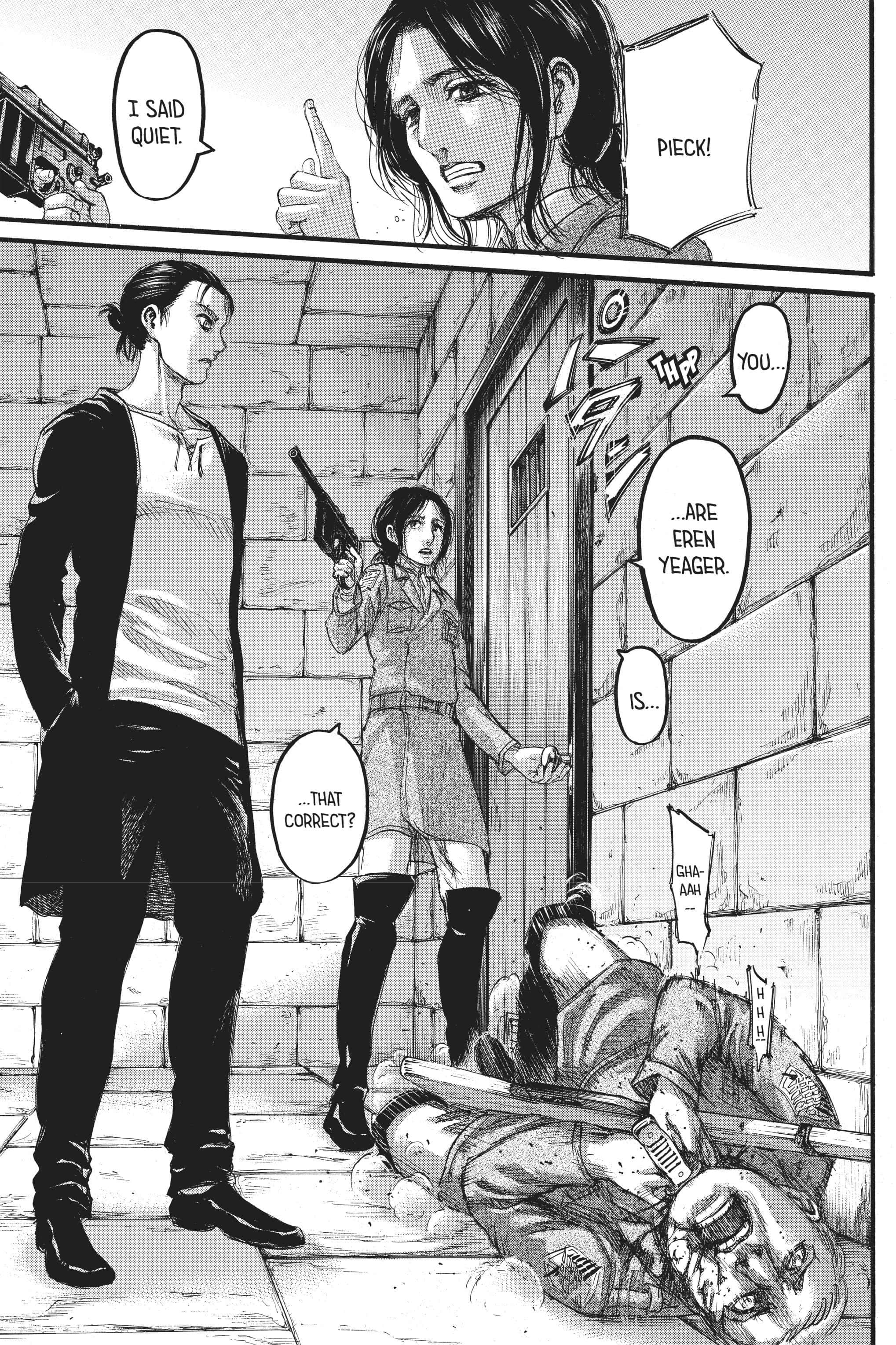Manga Series 桌布 壁紙 — 一個緊張的漫畫畫面顯示一名女子持槍面對一名男子，背景中另一個角色在大喊。