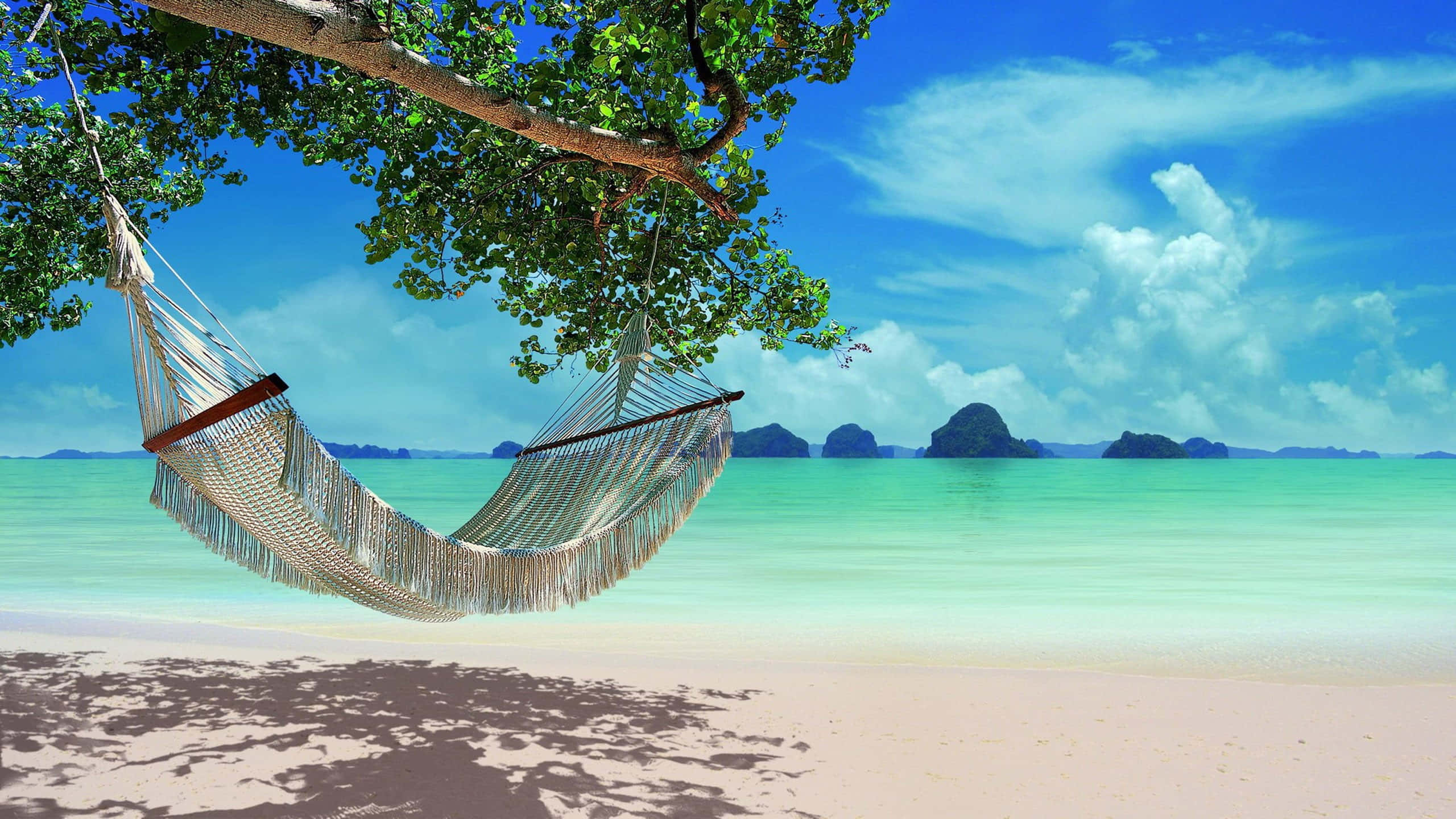 Relaxing Desktop 桌布 壁紙 — 一個編織吊床掛在枝葉茂密的樹上，下方是沙灘、碧綠的海水、遠處的島嶼，以及明亮的藍天。