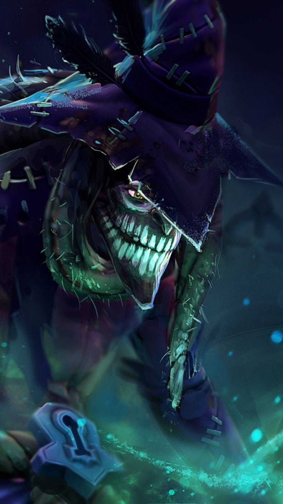 dota 2 iPhone 桌布 壁紙 — 一個縫合起來、眼神發光、咧嘴大笑的可怕稻草人，潛伏在陰暗詭異的森林中。